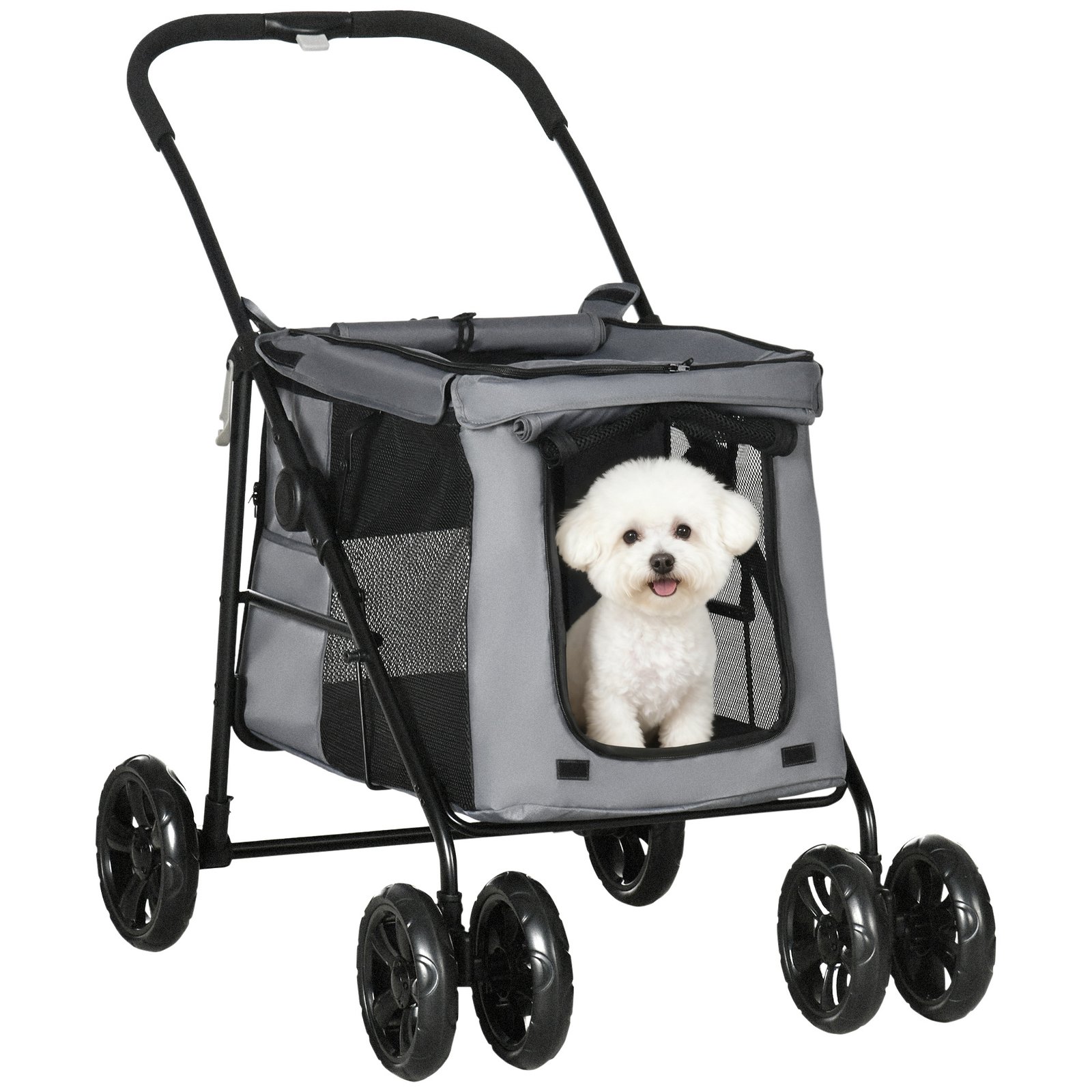 Dog Pram Dog Stroller 4 Wheels Pet Pushchair with Rolling Door, Cushion, Safety Leashes, for Small and Medium Breeds, Grey