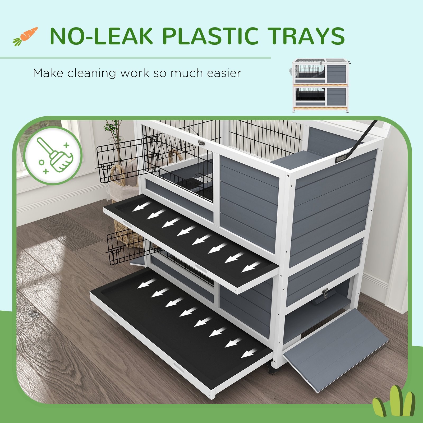 Double Deckers Guinea Pig Cage, Indoor Rabbit Hutch with Feeding Trough, Trays, Ramps, Openable Top - Grey