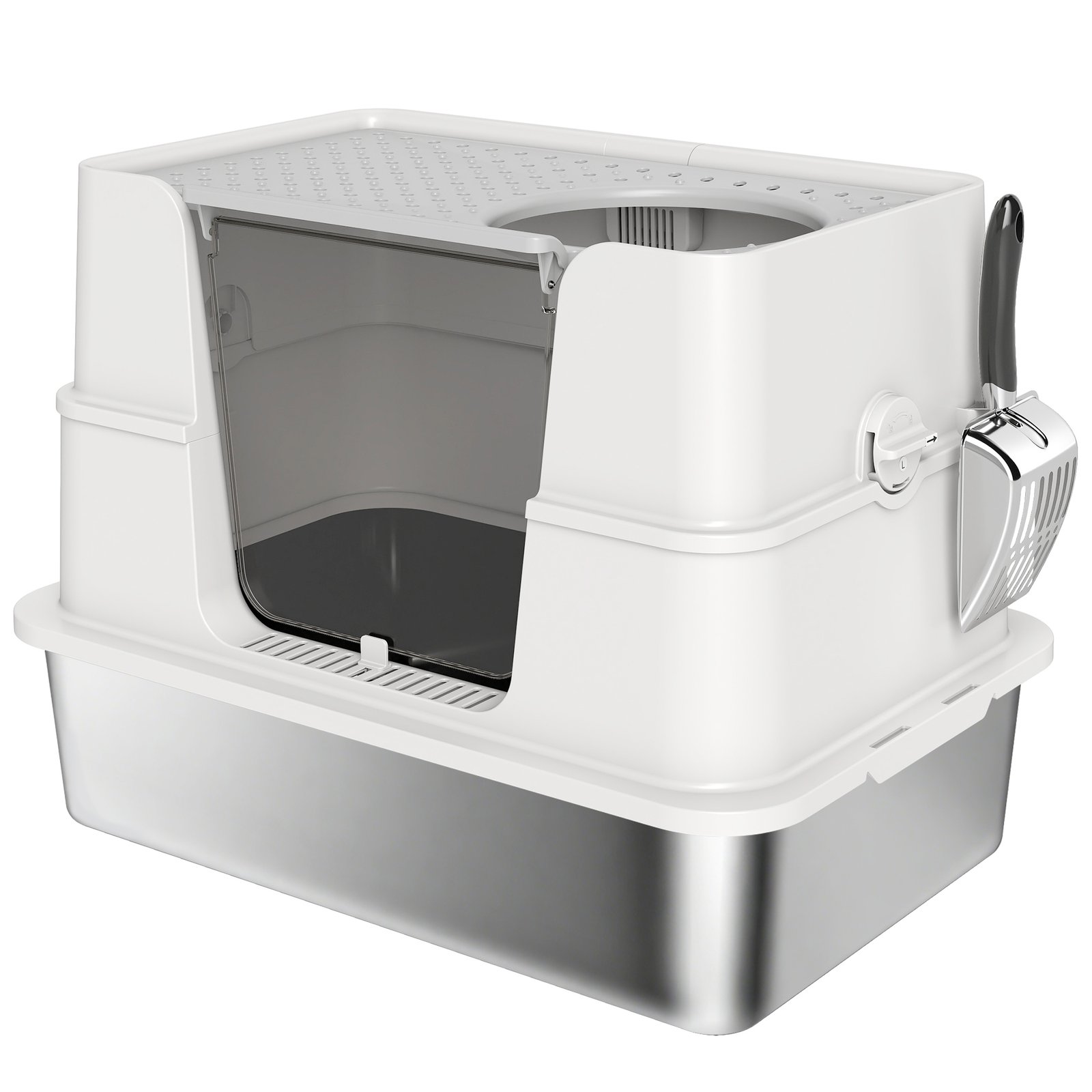 XL Stainless Steel Litter Box w/ 100° Flip Top, Scoop, Side Top Dual Entry, Odor Free, Easy Cleaning, Anti Leakage