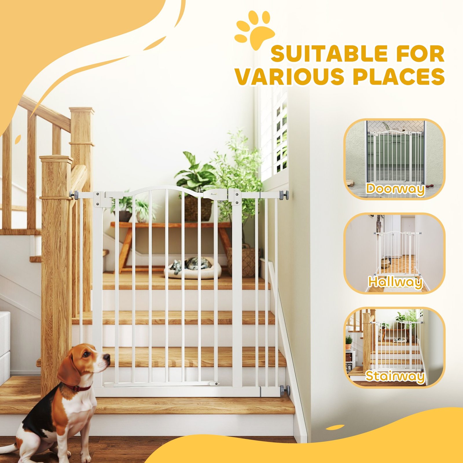 Metal 74-87cm Adjustable Pet Gate Safety Barrier w/ Auto-Close Door White