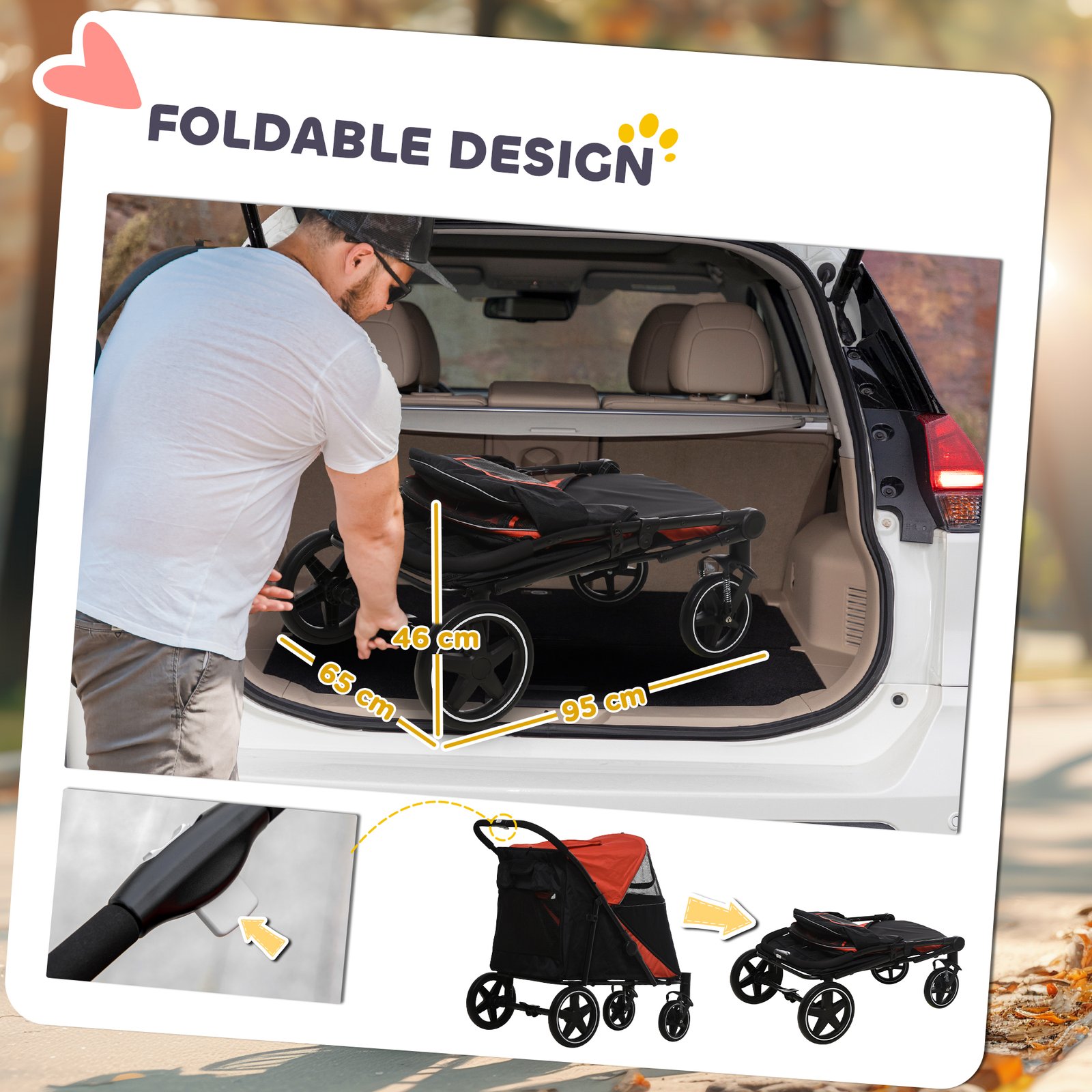 Foldable Pet Stroller, with Universal Wheels, Shock Absorber, for Medium and Large Dogs - Red