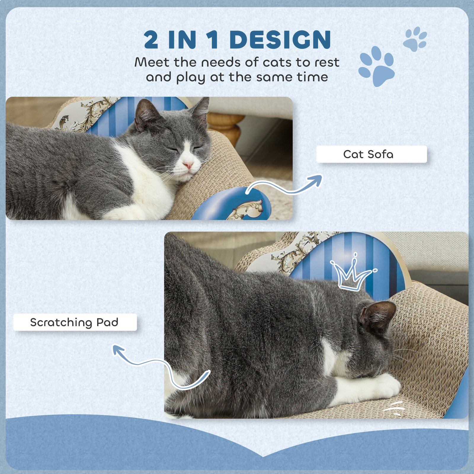 2-in-1 Cat Scratching Board with Catnip for Indoor Cats, 26.5 x 57 x 26.5cm, Blue - Image 4
