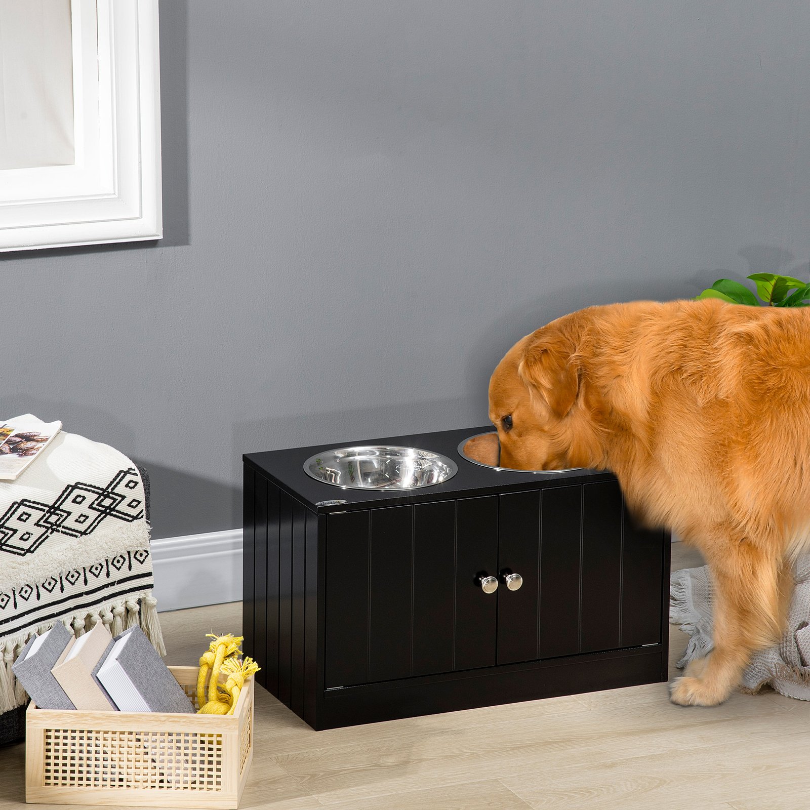 Raised Pet Feeder, with Two Bowls, Storage - Black - Image 9