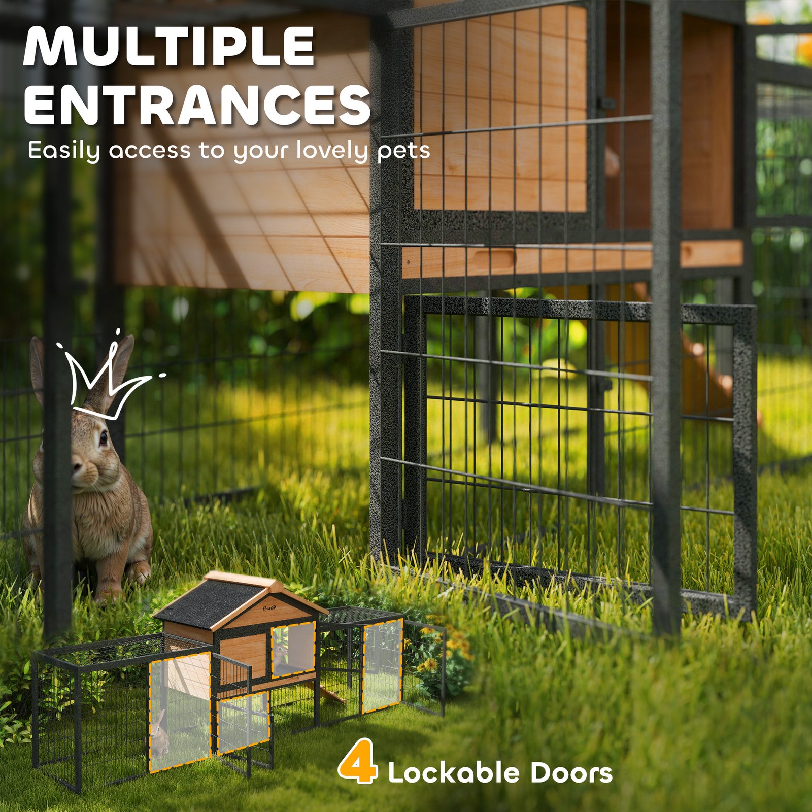 Wooden Rabbit Hutch Outdoor with Steel Run, Wooden Guinea Pig Cage with Removable Plastic Tray, Asphalt Roof, Ramp - Image 6