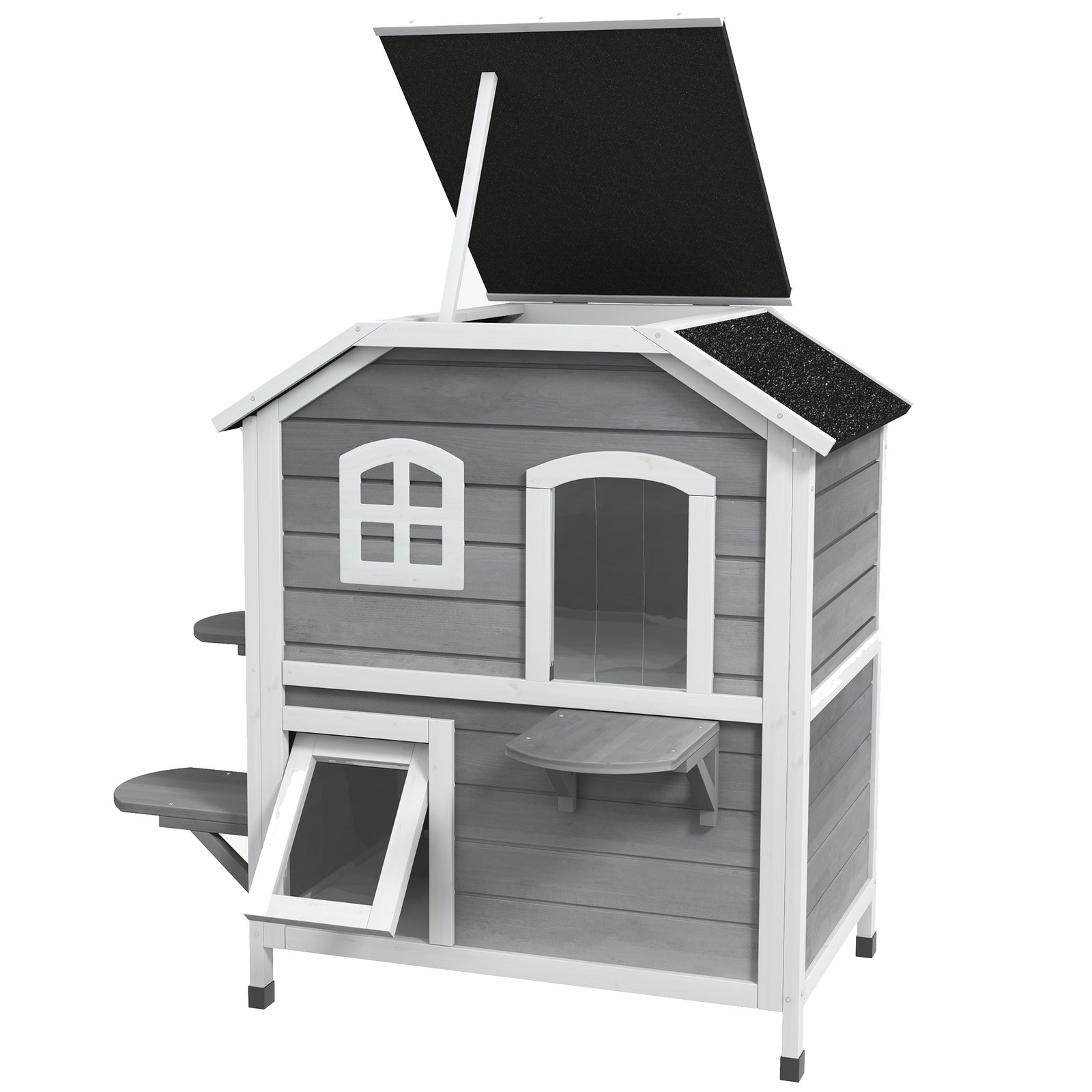  2-story Cat House Outdoor, Weatherproof Wooden Cat Enclosure with Escape Door, Openable Roof, Jumping Platforms, Grey