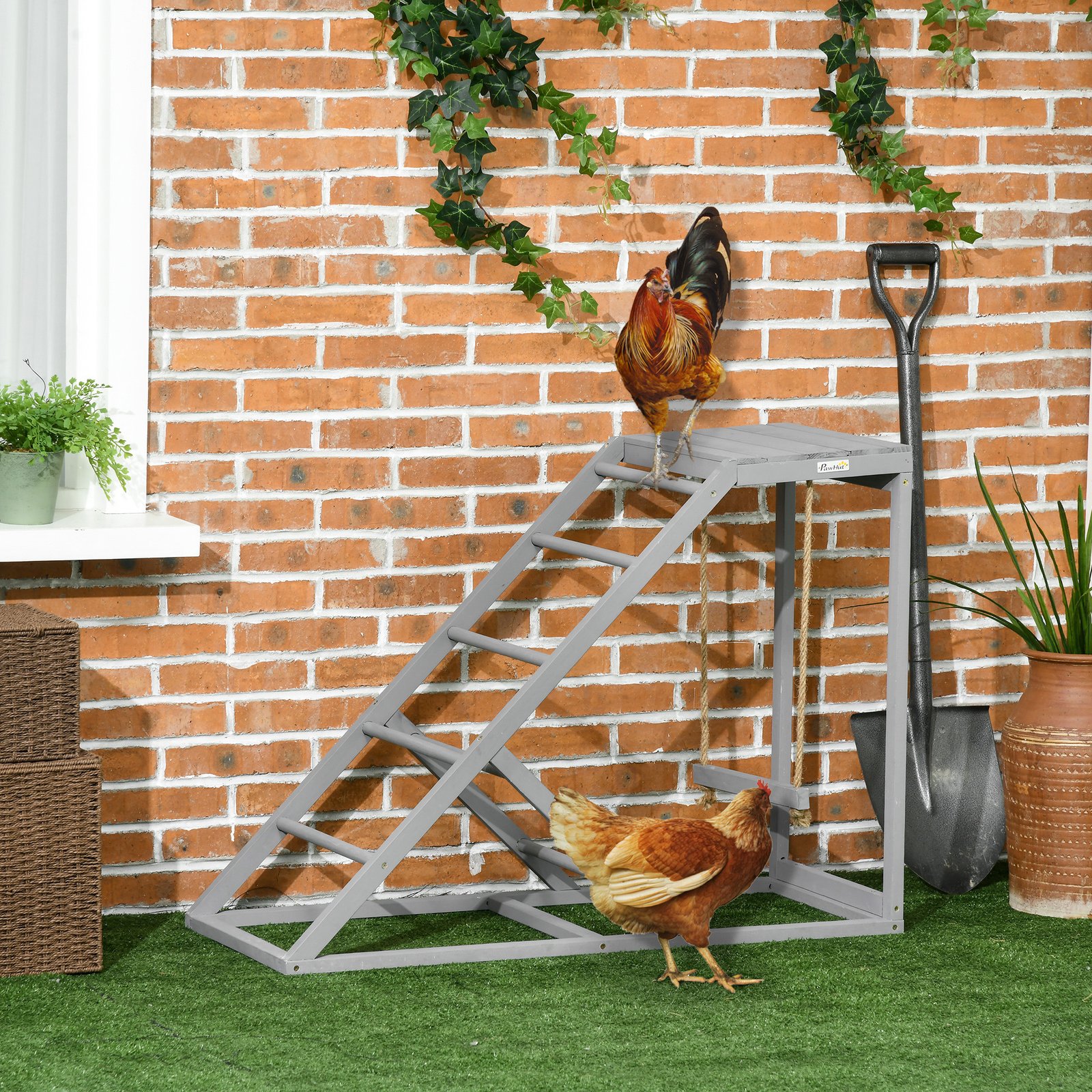 Wooden Chicken Coop Toy with Swing, Ladder, Platform, Grey - Image 9
