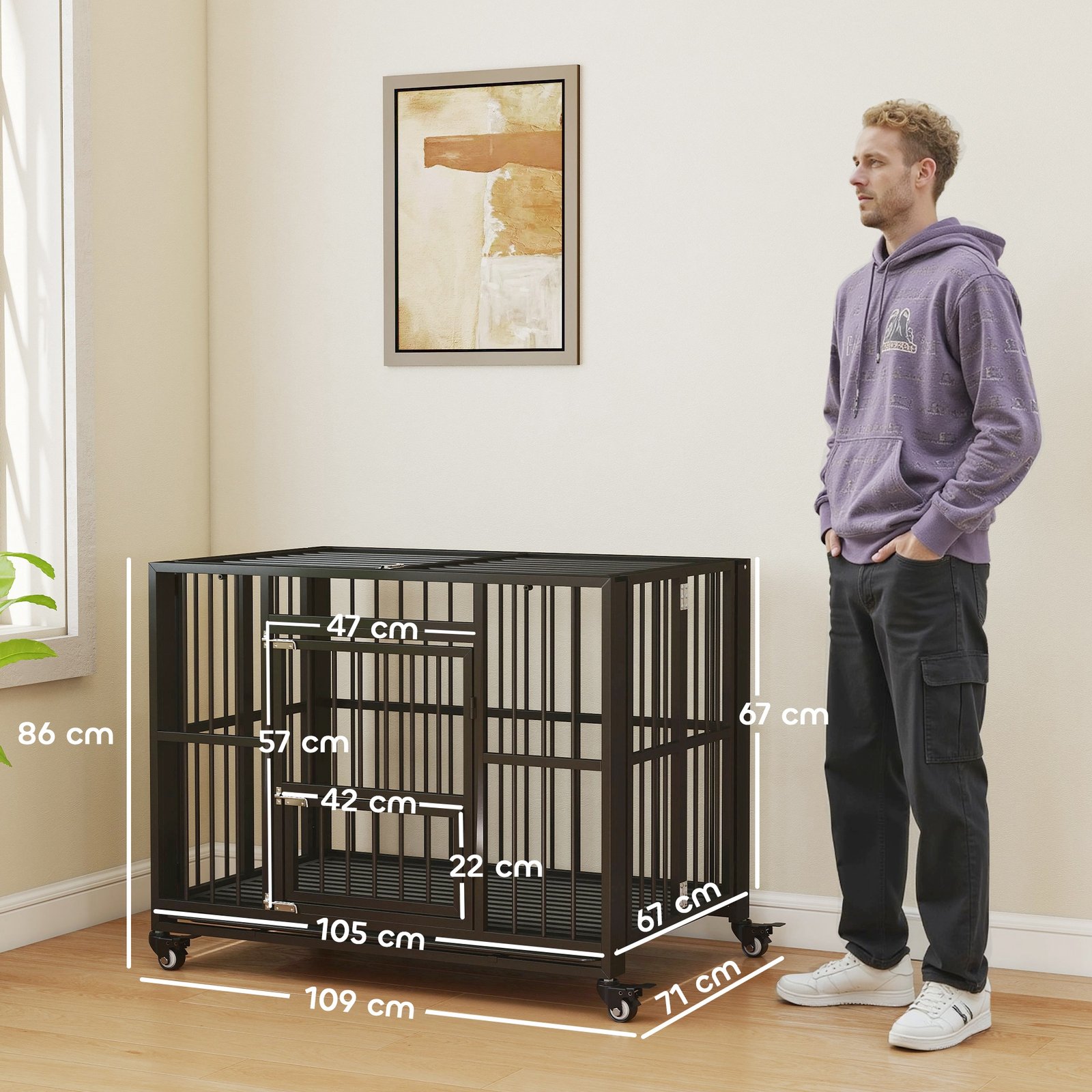 43" Heavy Duty Dog Crate, Foldable Dog Cage, with Openable Top, Locks, Removable Tray, Wheels - Black - Image 2