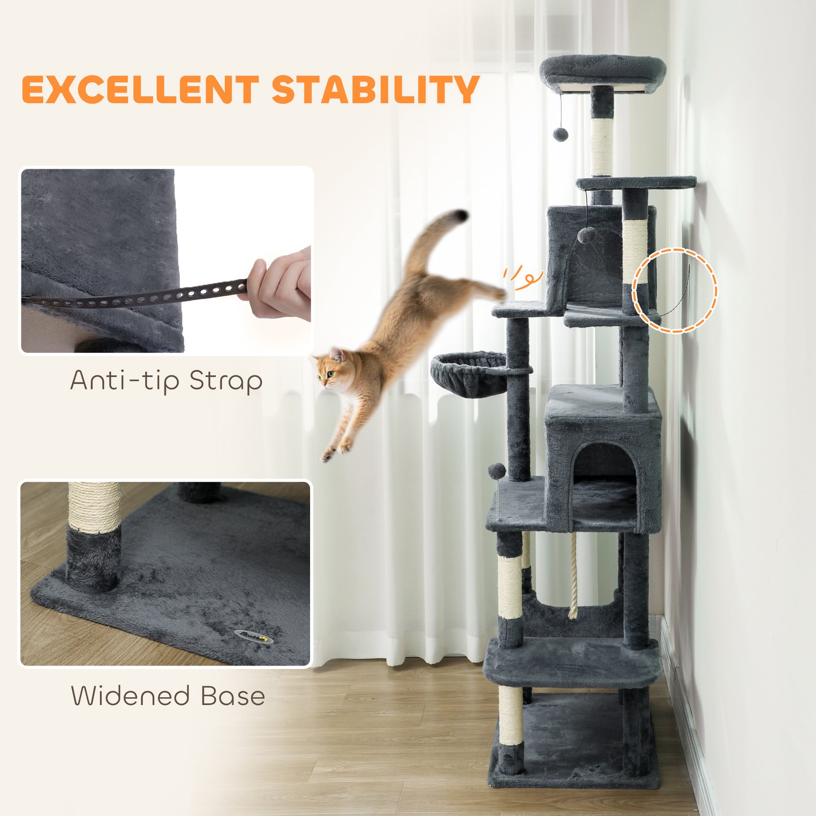 202cm Large Cat Tree with 6 Scratching Posts, 2 Hammocks, 2 Condos, 2 Perches, Pompoms, for Indoor Cats to Rest and Play