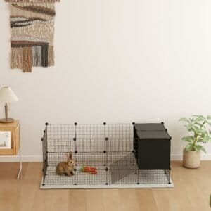 DIY Small Animal Cage with Elevated Huts, C&C Cage for Guinea Pigs, Hedgehogs, Rabbits, 31 Panels, Black