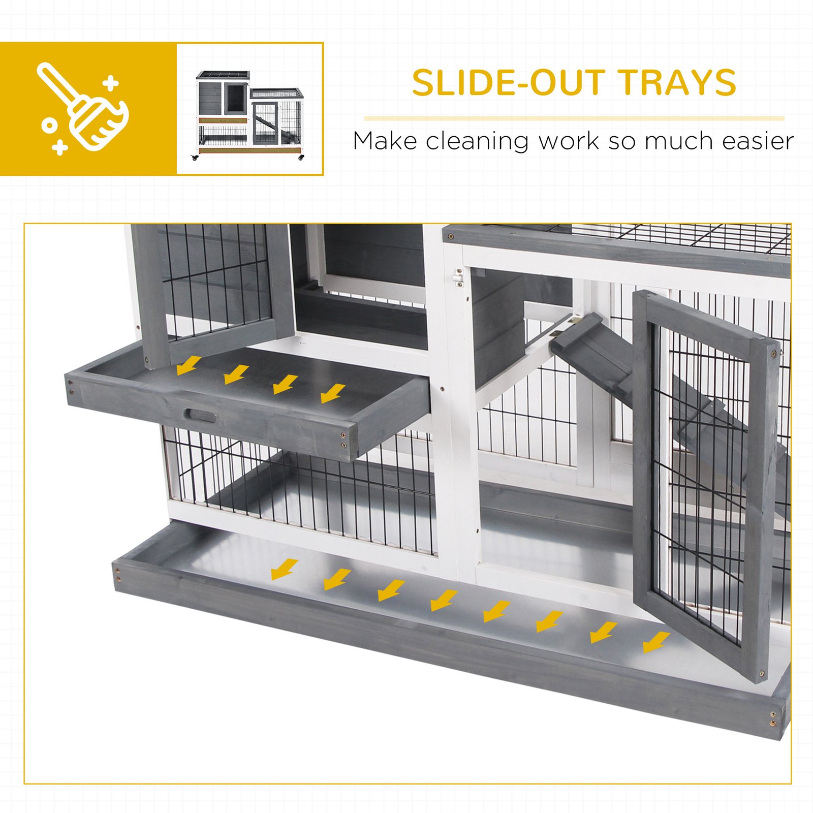 Wooden Indoor Rabbit Hutch Guinea Pig House Bunny Small Animal Cage W/ Wheels Enclosed Run 110 x 50 x 88 cm, Grey - Image 5