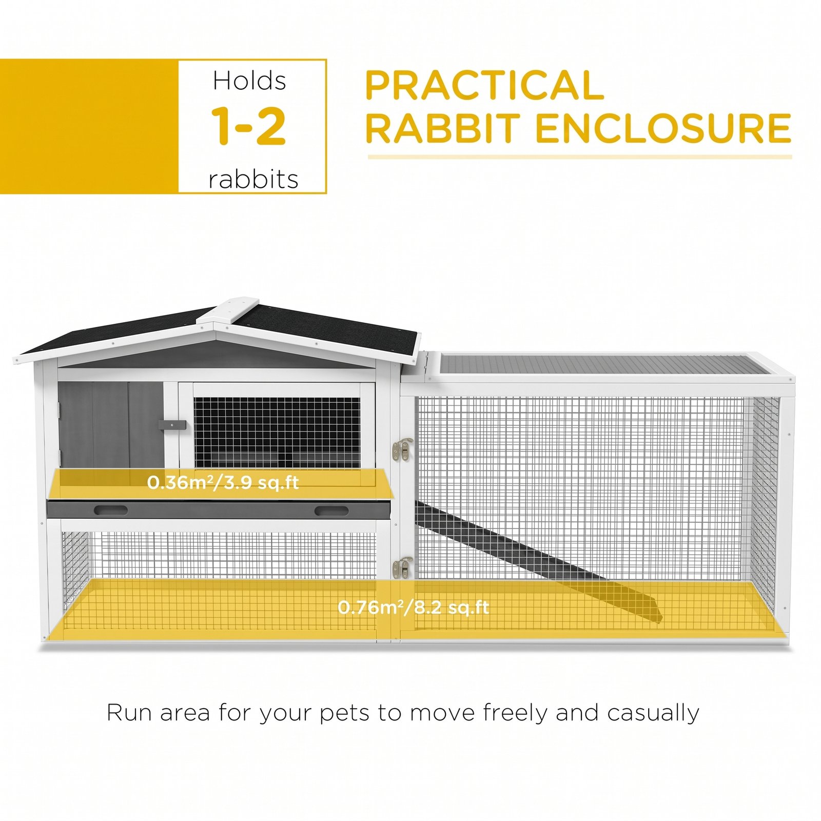 Rabbit Hutch with Run Wooden Guinea Pig Hutch Outdoor Bunny Cage Hide House with Sliding Tray, Hay Rack, Ramp, 156 x 58 x 68cm, Grey