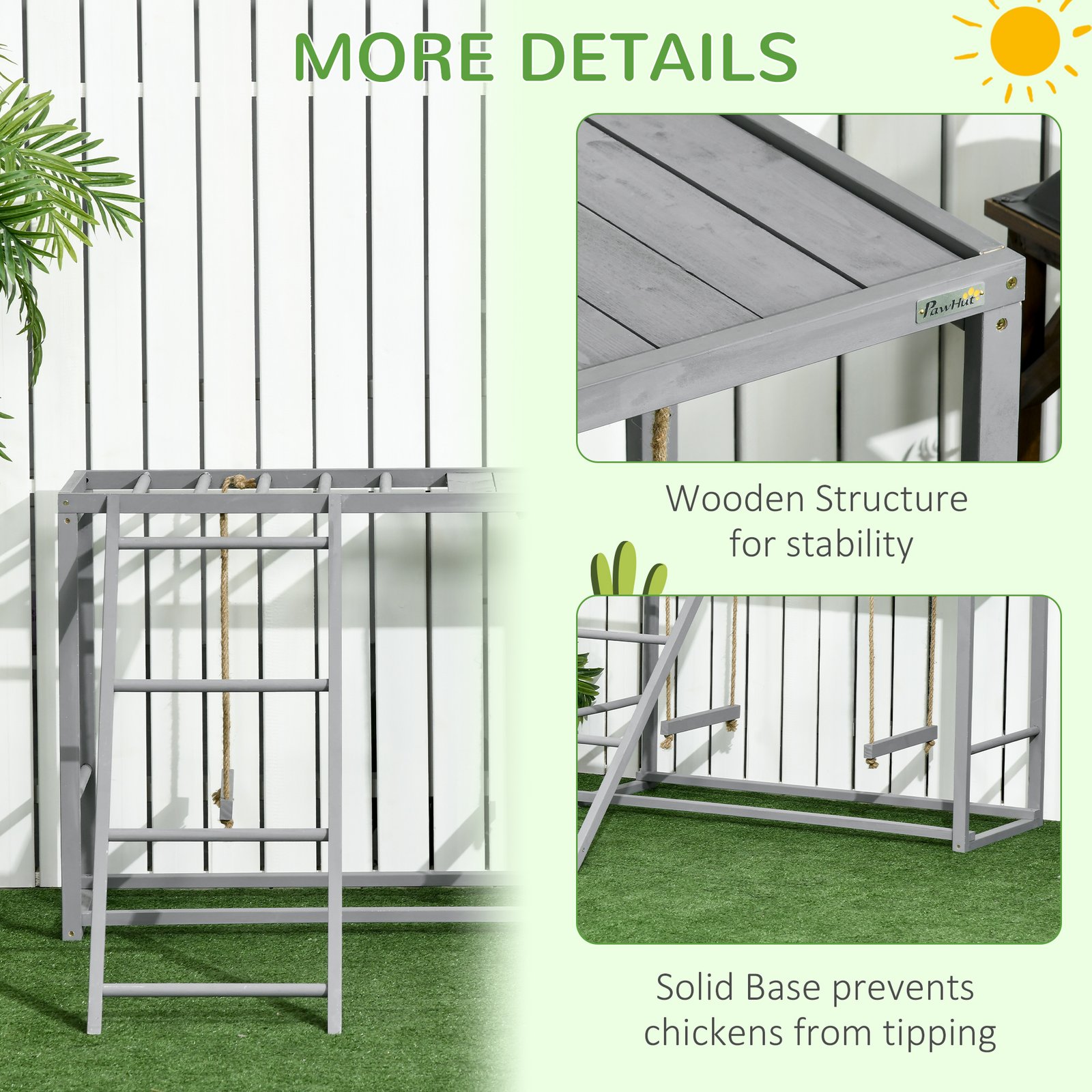 Chicken Activity Play with Swing Set for 3-4 Chickens, Wooden Chicken Coop, Grey - Image 6