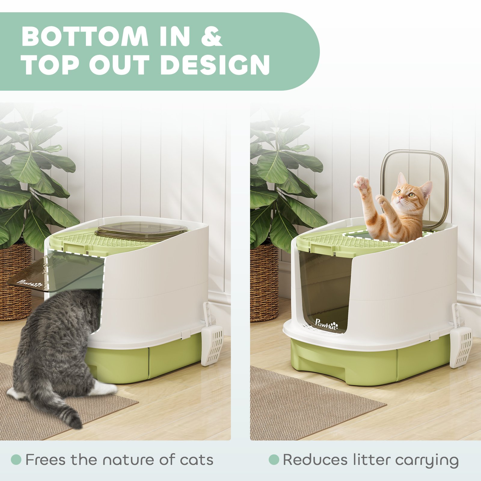 Cat Litter Box with Lid, Scoop, Deodorisation Bags, Top Entry, Green