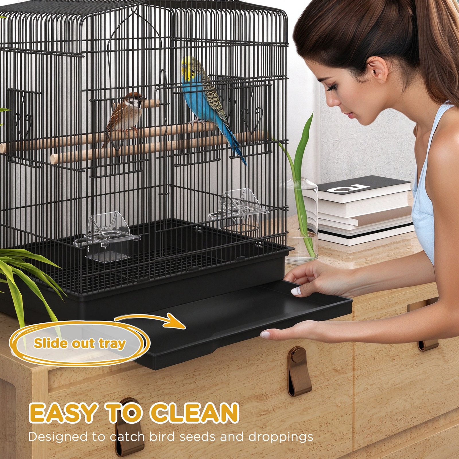 Large Metal Bird Cage with Perches, Food Bowls, Swing, for Budgies, Finches, Black