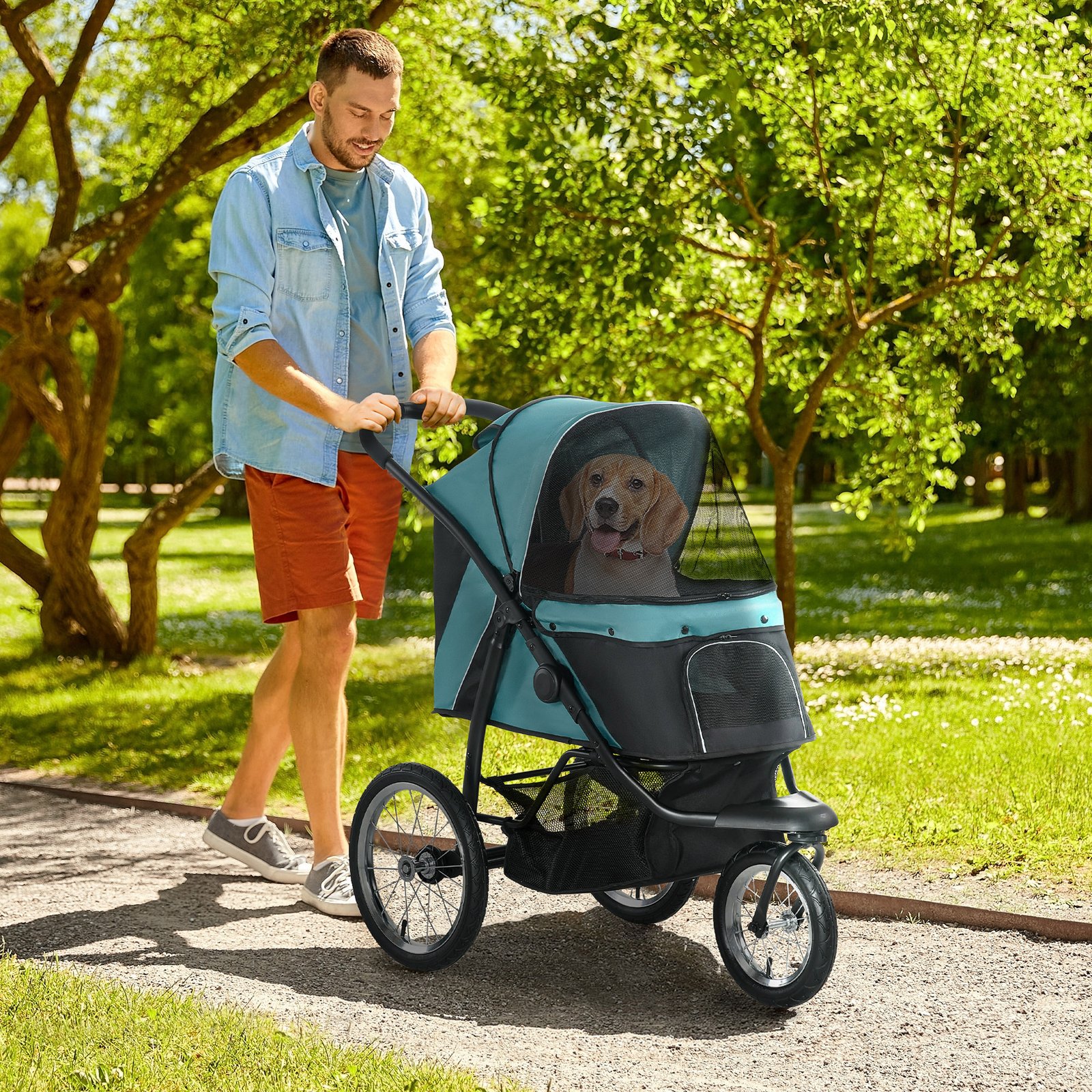 Foldable Pet Stroller Jogger, with Three Wheels, Canopy, for Medium and Small Dogs, Green