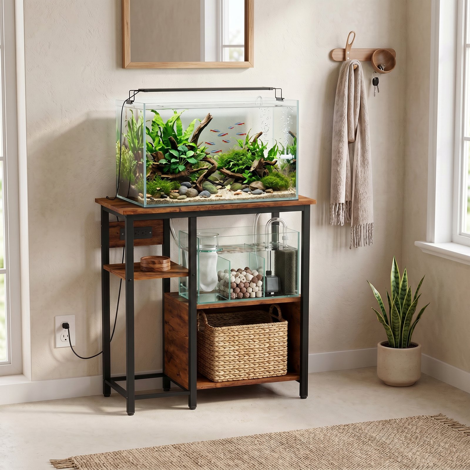 Fish Tank Stand with Power Outlets Aquarium Stand with Cabinet 20-29 Gallon Tanks Tiger Wood Grain