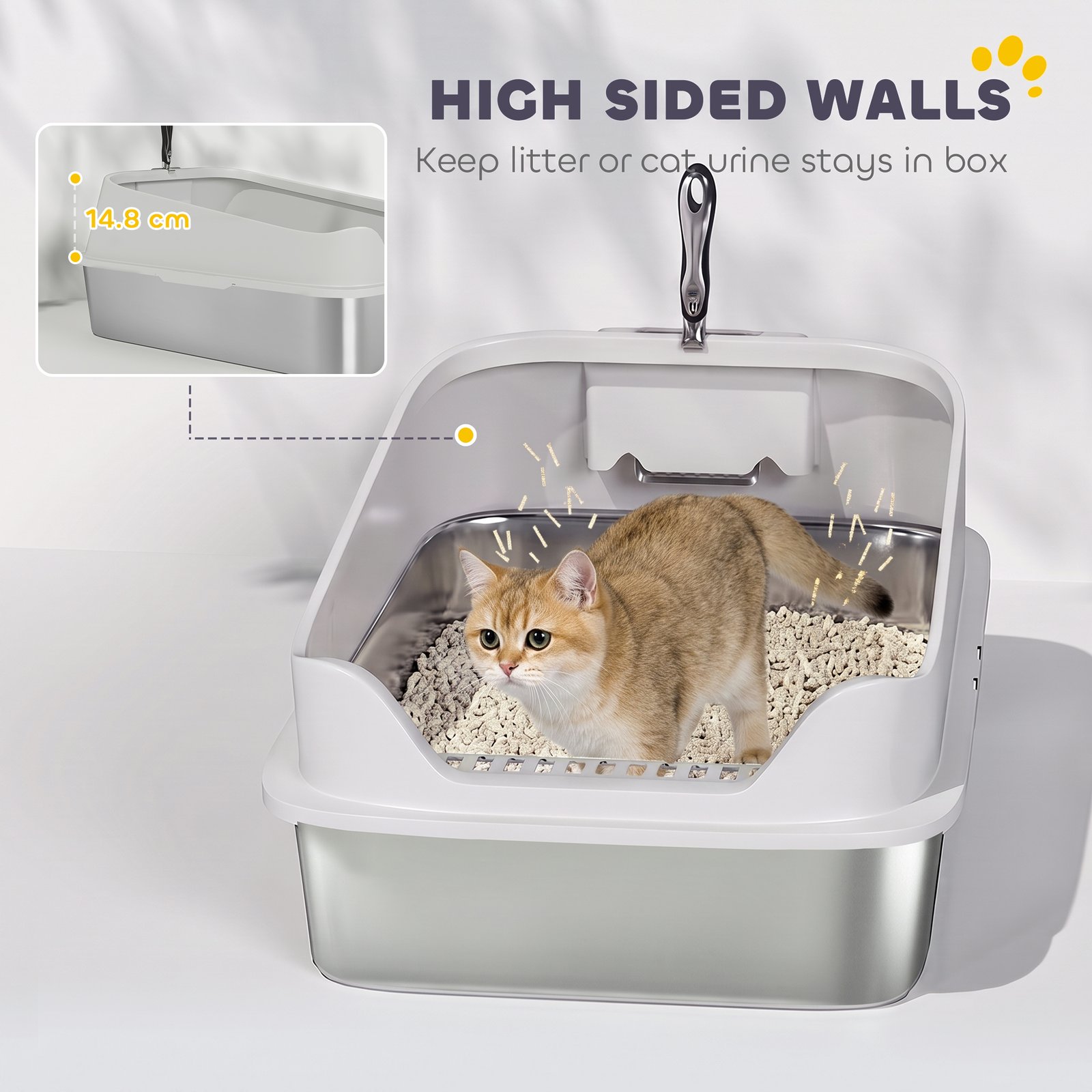 XL Stainless Steel Cat Litter Box with High Sides, Metal Scoop, 60 x 40 x 30 cm
