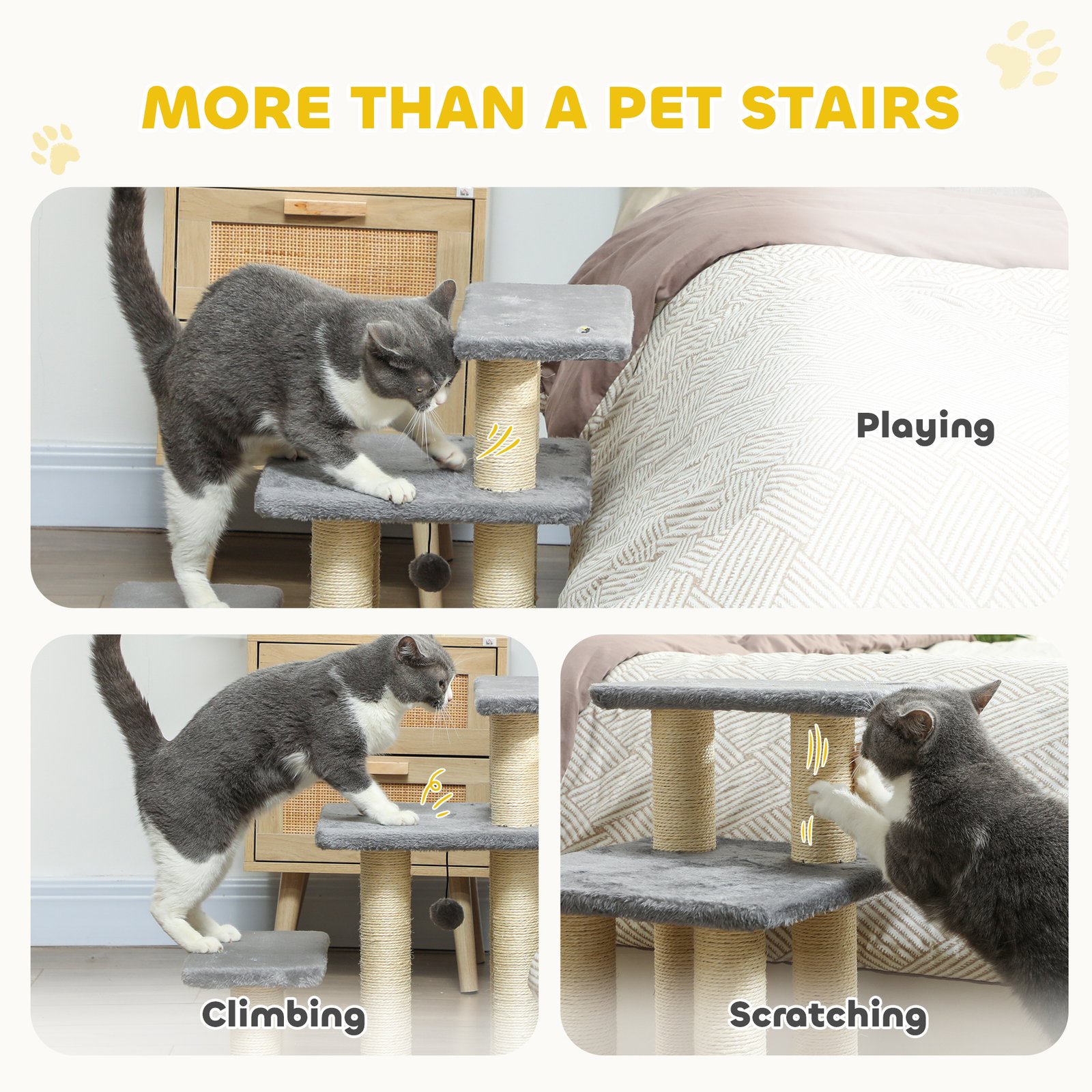 Dog Steps for Bed, 3 Step Adjustable Pet Stairs for Sofa with 6 Sisal Scratching Posts for Small Dogs & Cats, Grey