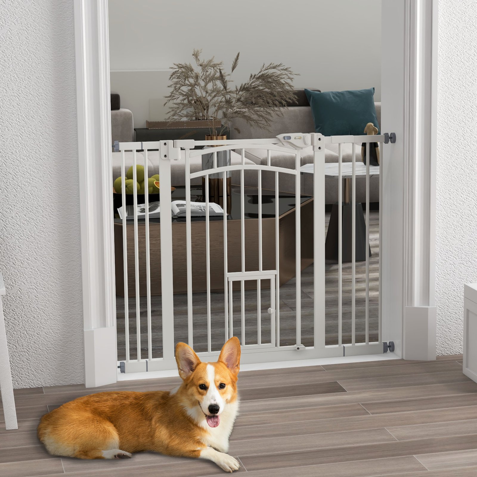 Pressure Fit Stair Dog Gate w/ Small Cat Door, Automatic Closing Door, Double Locking, for 74-100cm Openings - White - Image 9
