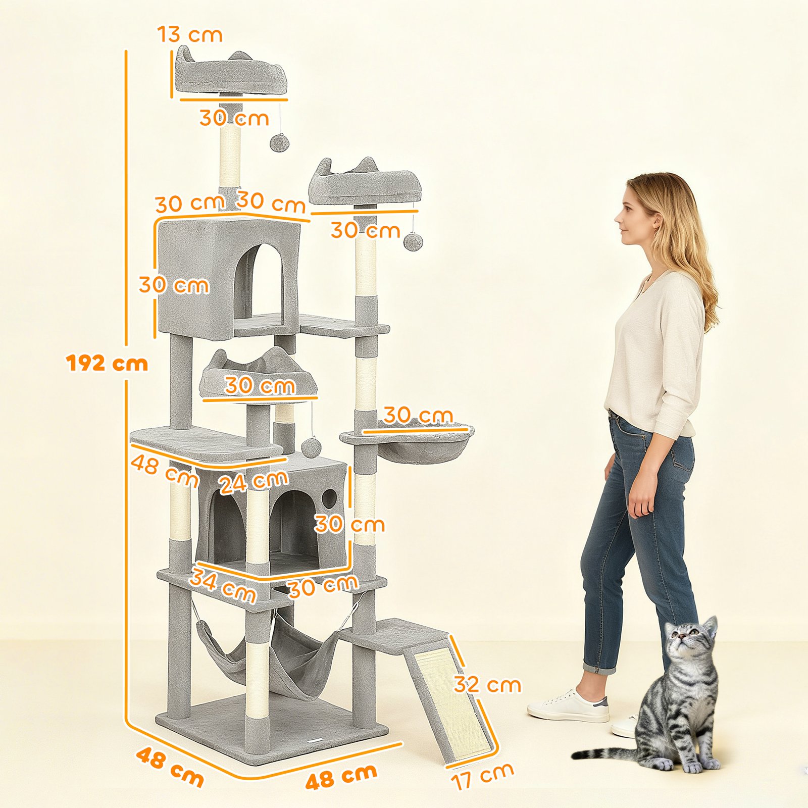 Cat Tree, 192 cm Large Multi-Level Cat Tower for Indoor Kittens with 8 Scratching Posts, 3 Plush Beds, 2 Hammocks - Image 3