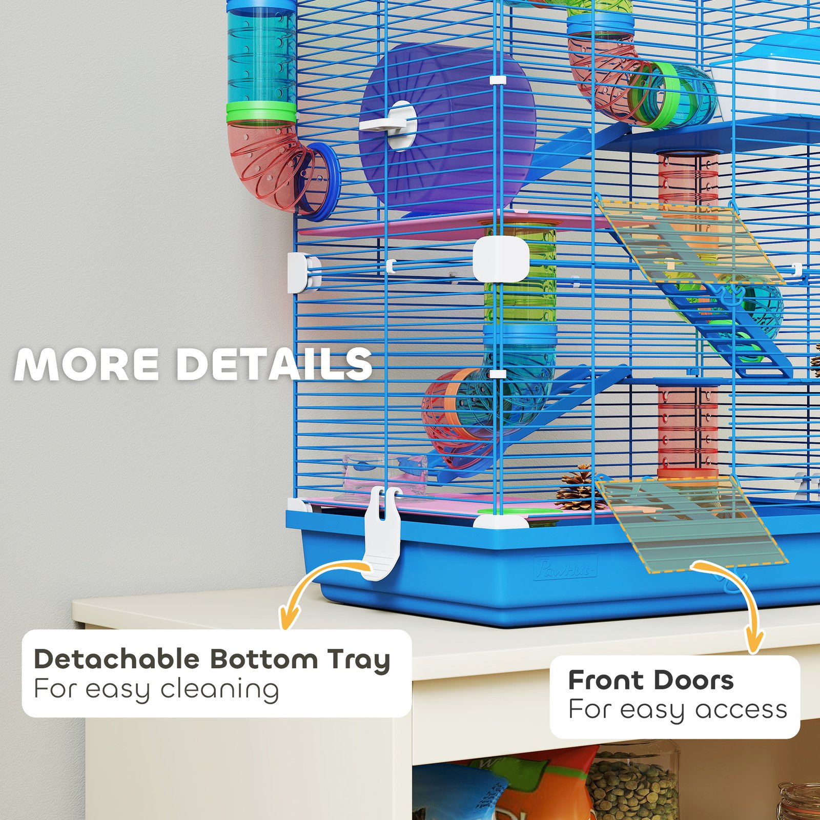 5 Tier Hamster Cage Carrier Habitat w/ Exercise Wheels, Tunnel, Blue - Image 7