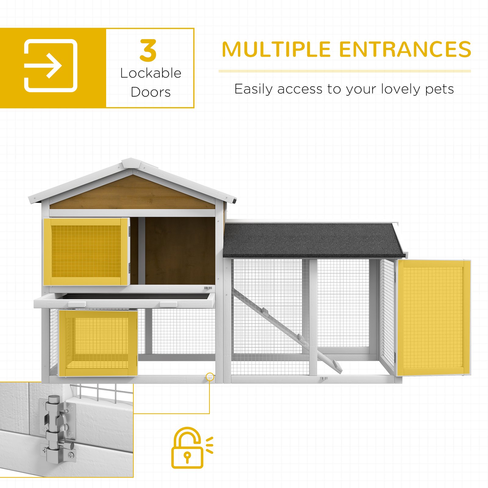 Wooden Rabbit Hutch Outdoor, Double Tier with Water-Resistant Roof, Ramp 147 x 54 x 84 cm, Yellow - Image 4