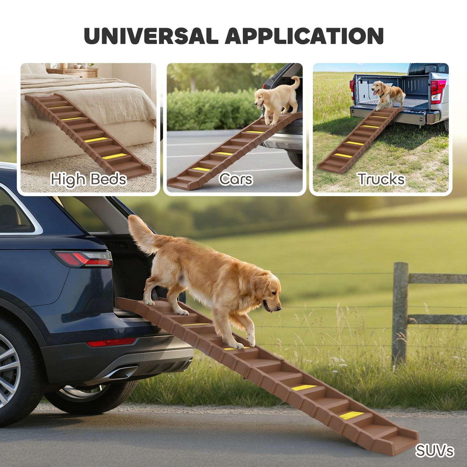 Dog Car Ramp with Anti-Slip Steps, 10-Steps Pet Stairs for Pets to Access Cars and High Beds, Brown