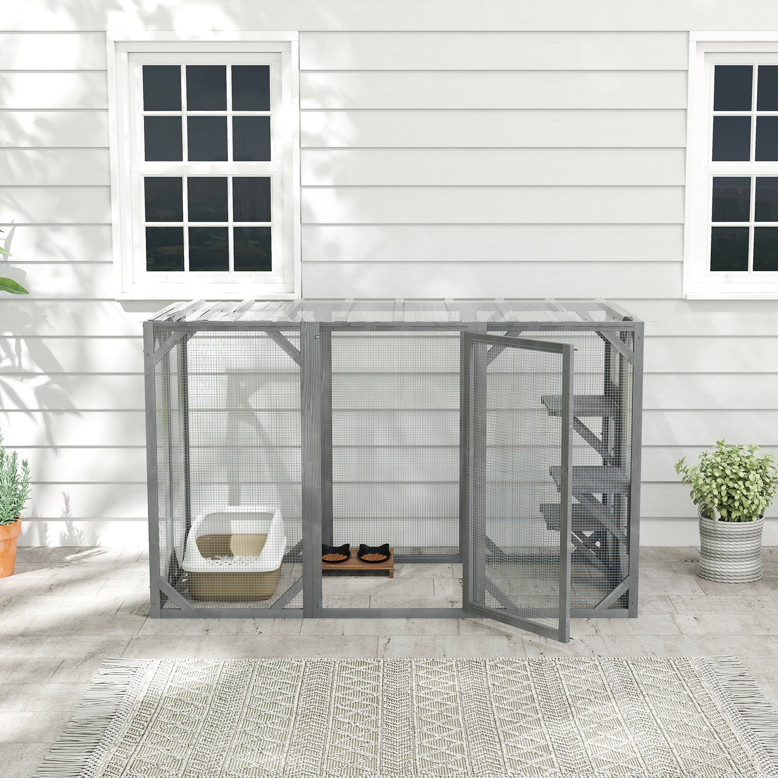71" Outdoor Wooden Cat House with Three Platforms, Large Door, Water-Resistant Roof, for Multiple Cats, Grey - Image 8