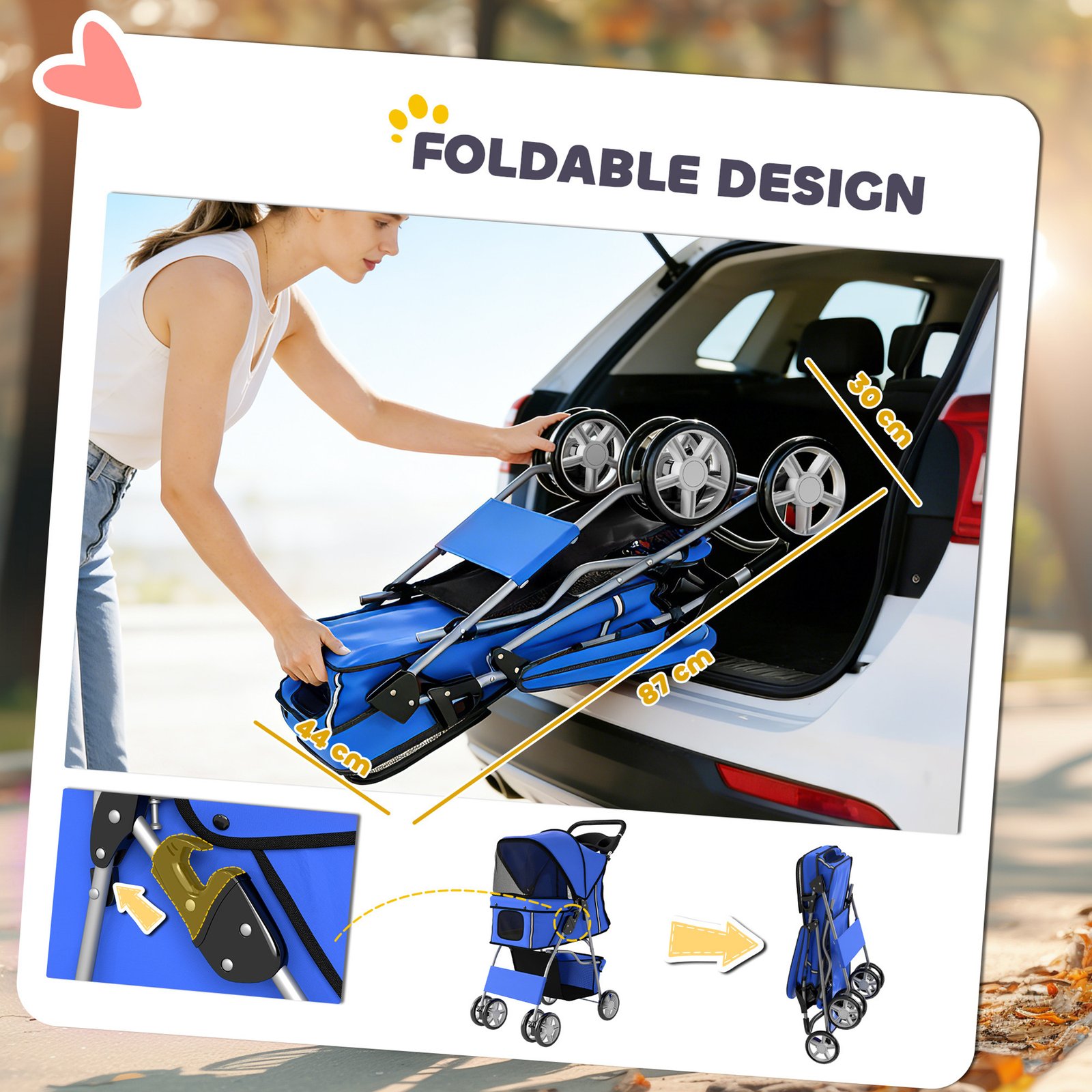 Dog Pram, Pet Stroller with Reflective Strips, Foldable Cat Stroller with 360° Swivel Wheels, Blue
