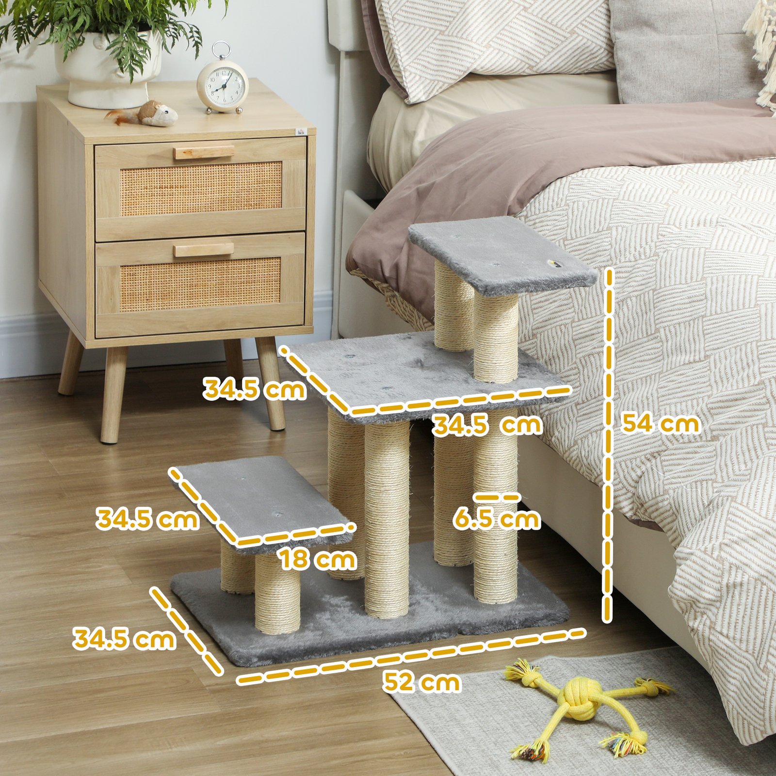 Pet Steps for Bed, 3 Step Adjustable Pet Stairs for Sofa with 6 Sisal Scratching Posts for Small Dogs & Cats, Grey