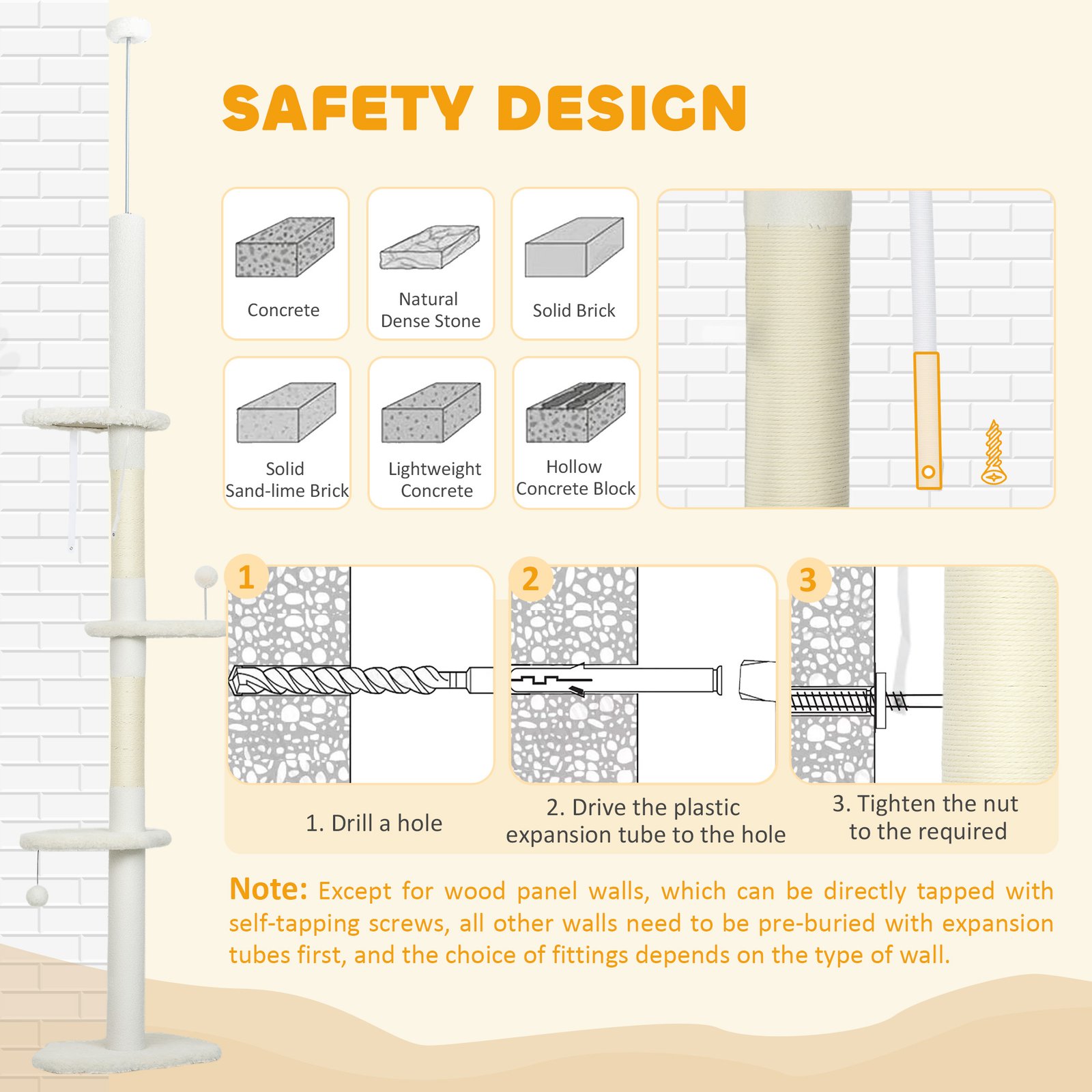225-255 cm Adjustable Cat Climbing Tower with Sisal Scratching Posts, 2 Hanging Play Balls and Anti-Tip Strap, Beige