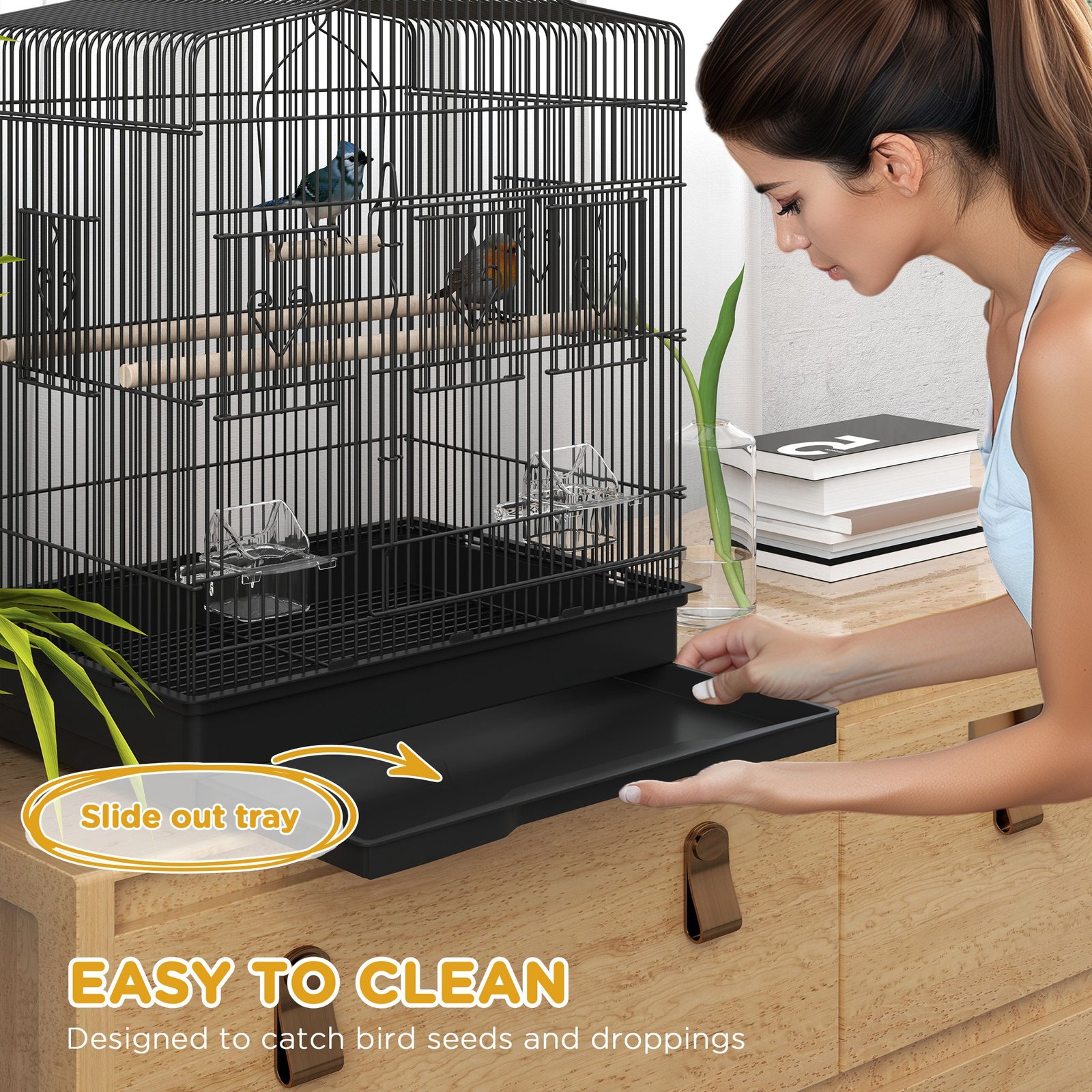 Large Metal Bird Cage with Perches, Food Bowls, Swing, for Budgies, Parakeets, Black