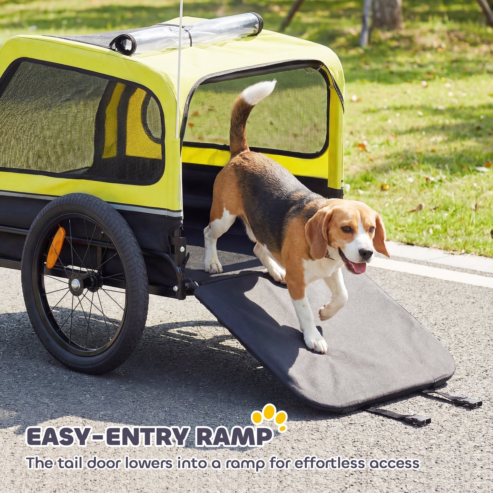 Dog Bike Trailer with Flip-Down Ramp Tailgate, Quick Release Frame, Universal Bicycle Coupler, Reflectors, Yellow
