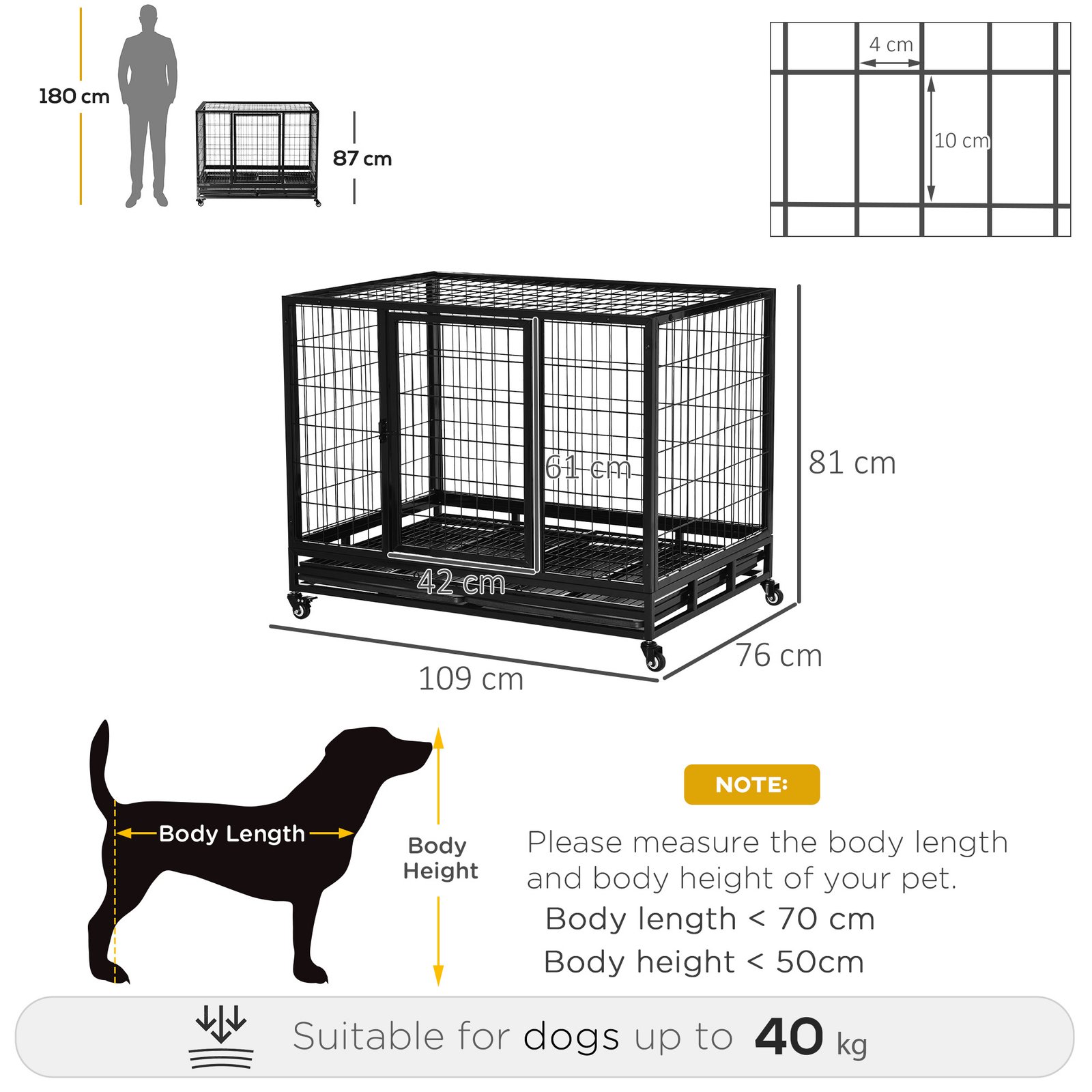 43" Heavy Duty Metal Dog Crate Pet Cage with Tray Wheeled Dog Kennel - Black (Large) - Image 3