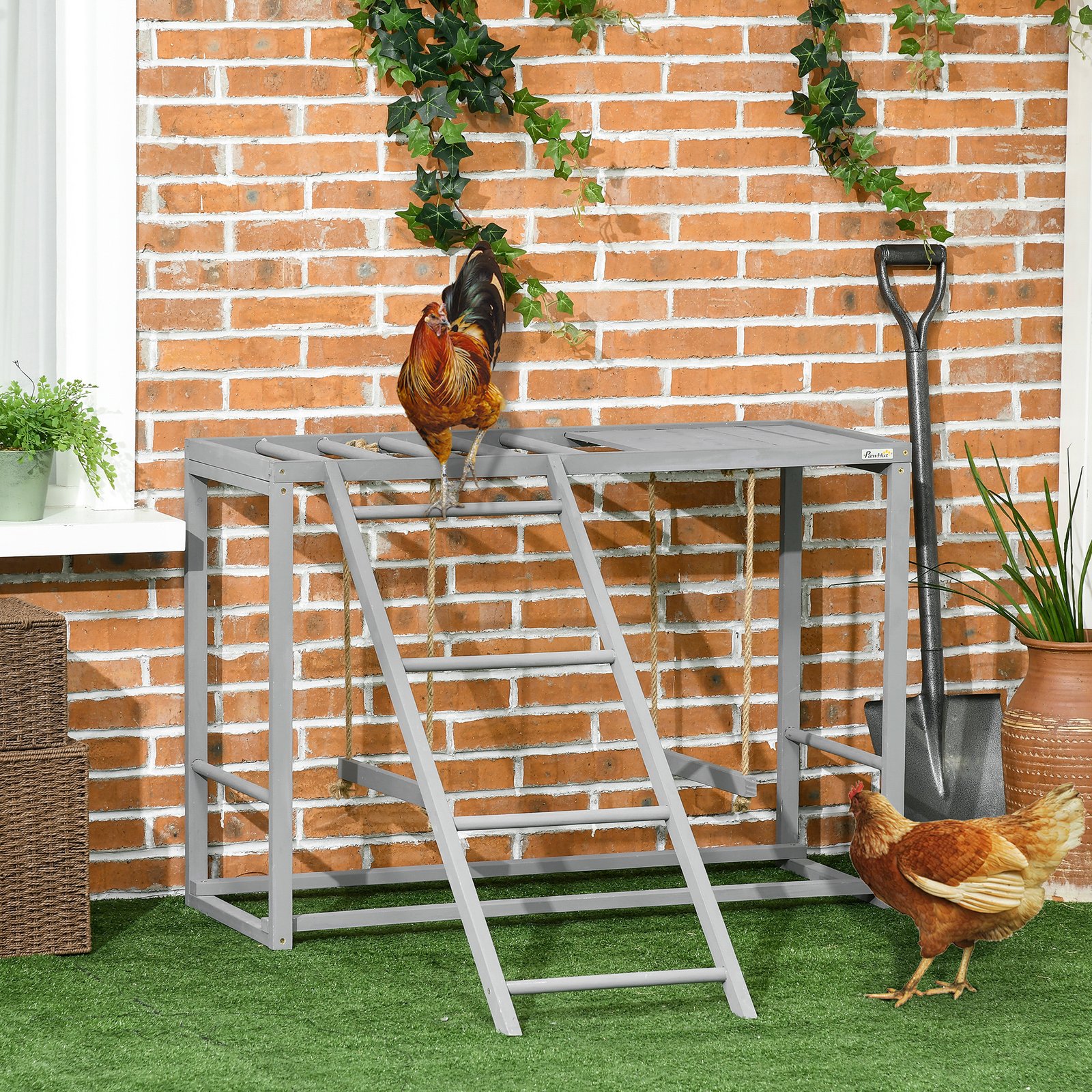 Chicken Activity Play with Swing Set for 3-4 Chickens, Wooden Chicken Coop, Grey - Image 9