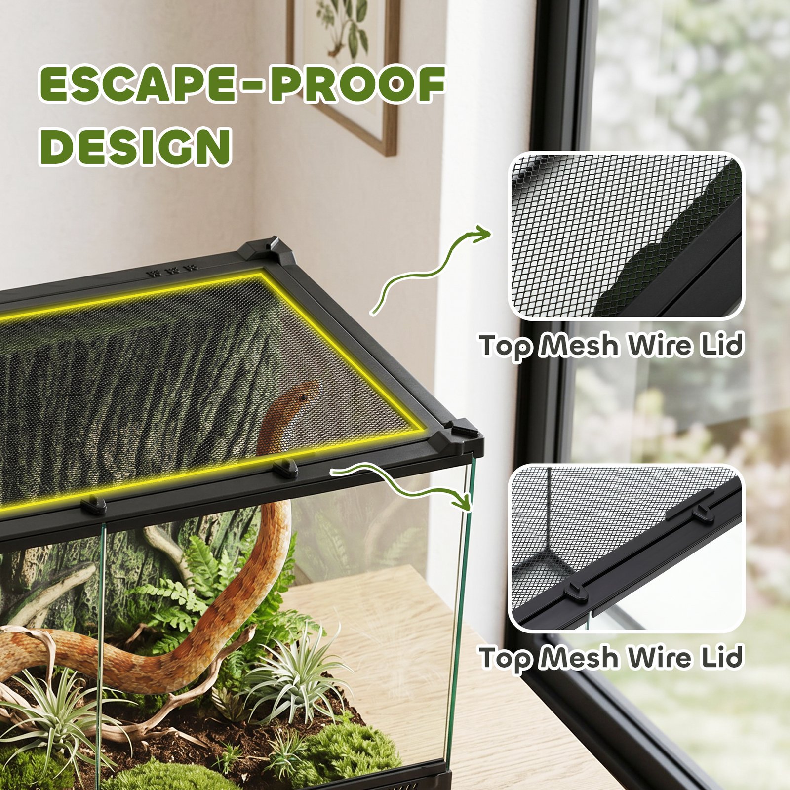 Reptile Glass Terrarium with Stone Background, Front Ventilation, Escape-Proof Knob Lock, 50 x 30 x 35 cm, Black - Image 5