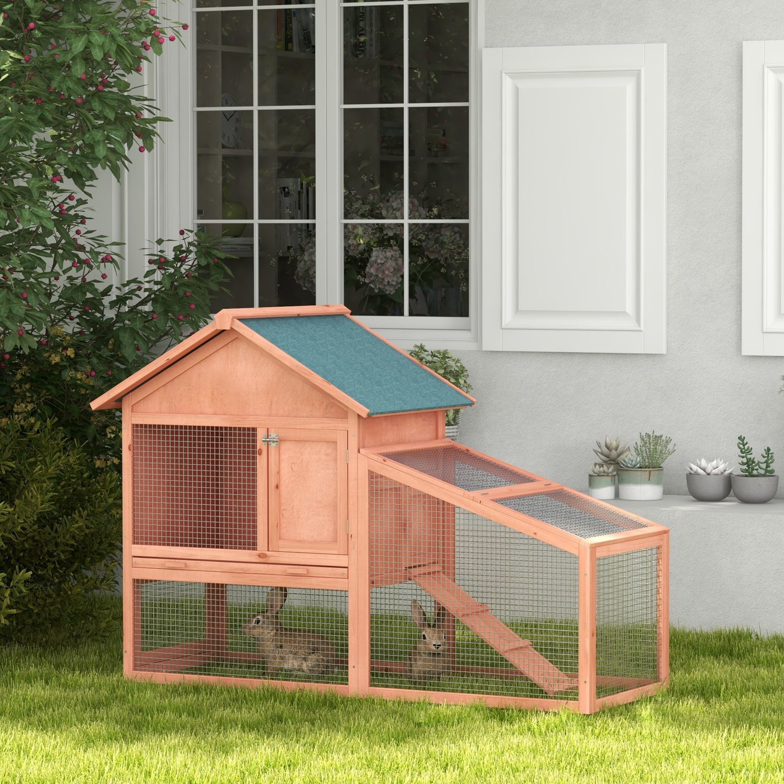 2 Tier Rabbit Hutch Outdoor, Guinea Pig Hutch, Solid Wood Bunny House, Water Resistant Asphalt Roof Ramp Sliding tray 144 x 64.5 x 100 cm - Image 9