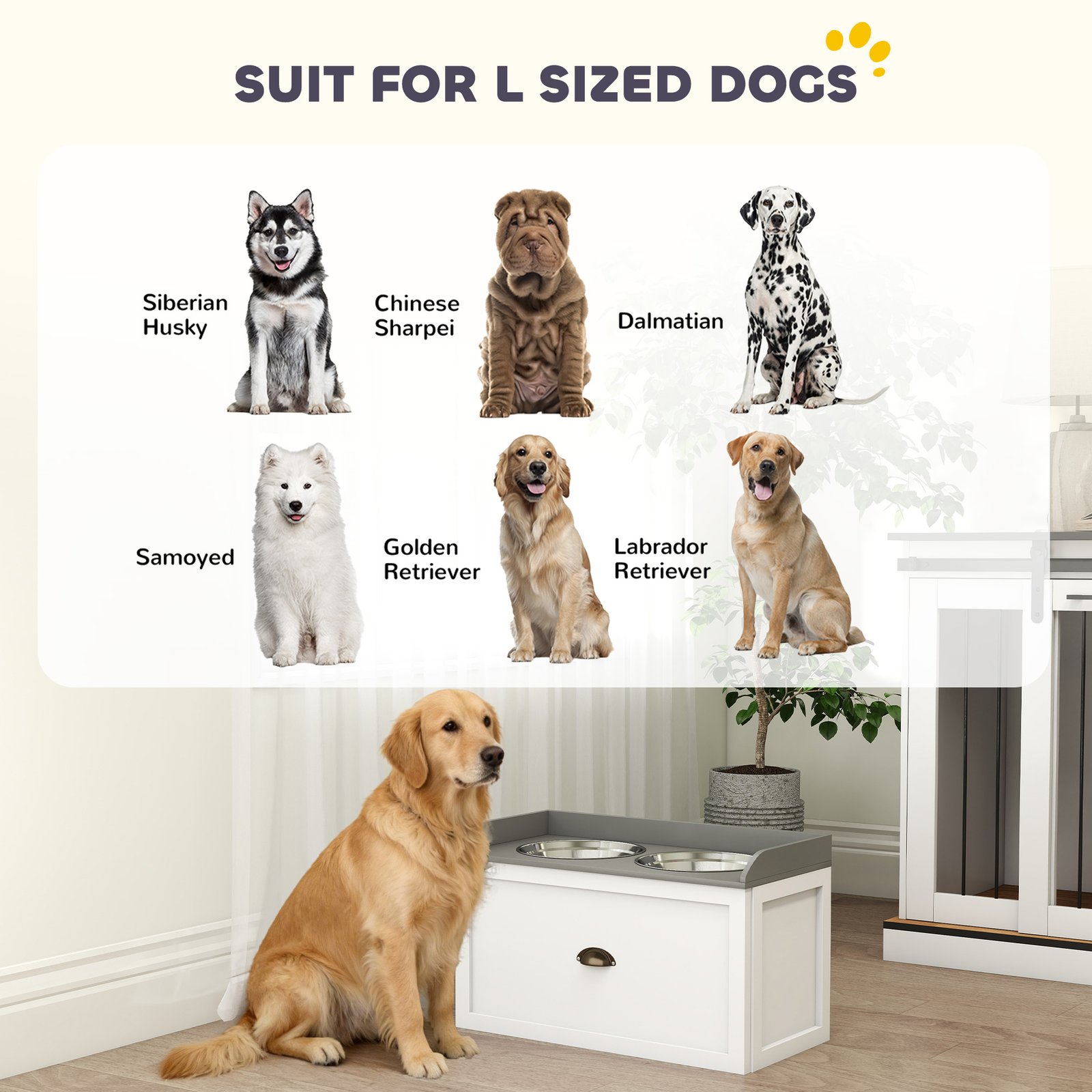 Stainless Steel Raised Dog Bowls, with 21L Storage Drawer for Large Dogs and Cats - White - Image 7