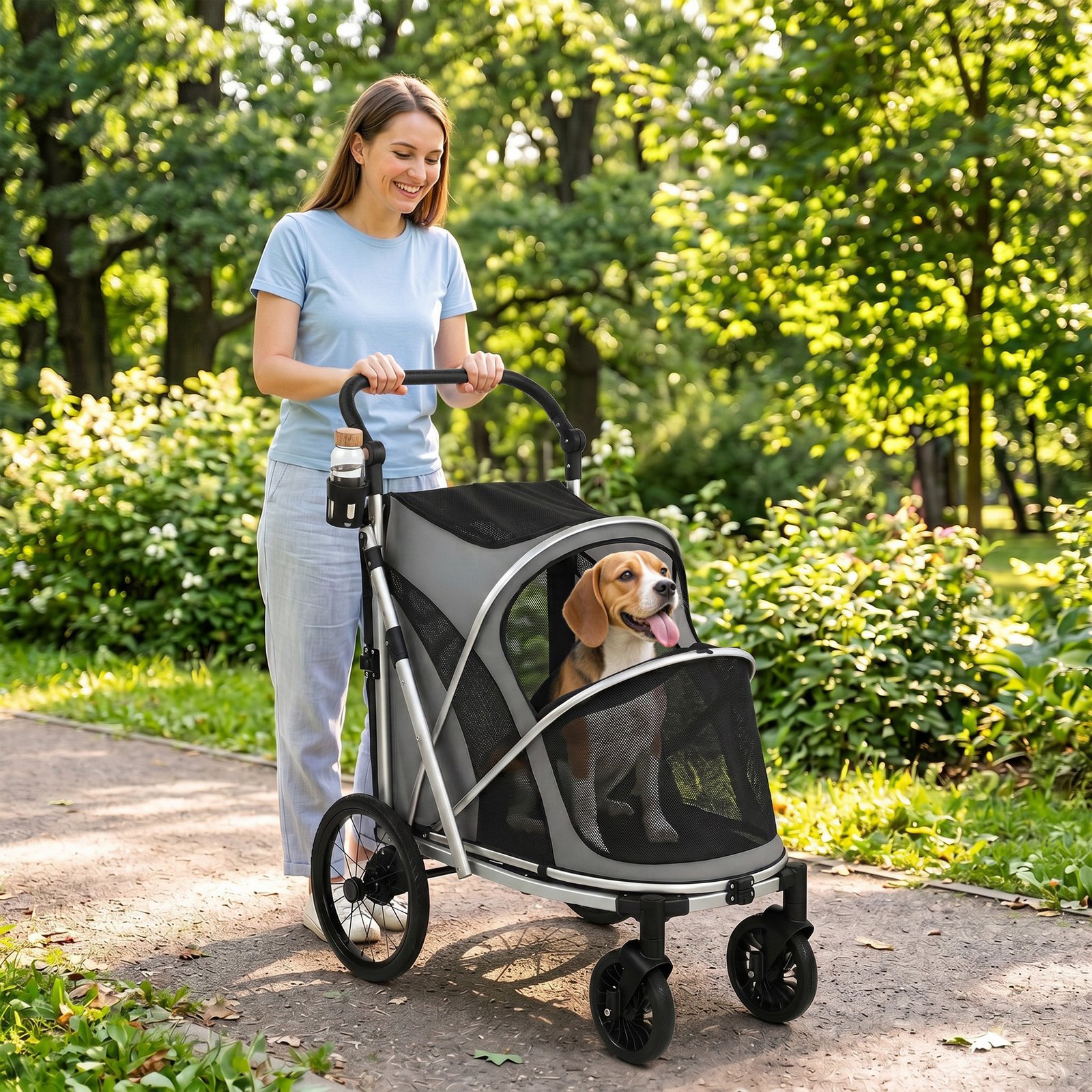 Dog Stroller, Easy Folding Pet Stroller for Small and Medium Dogs with Shock Absorption, Maximum Load 20 kg, Grey