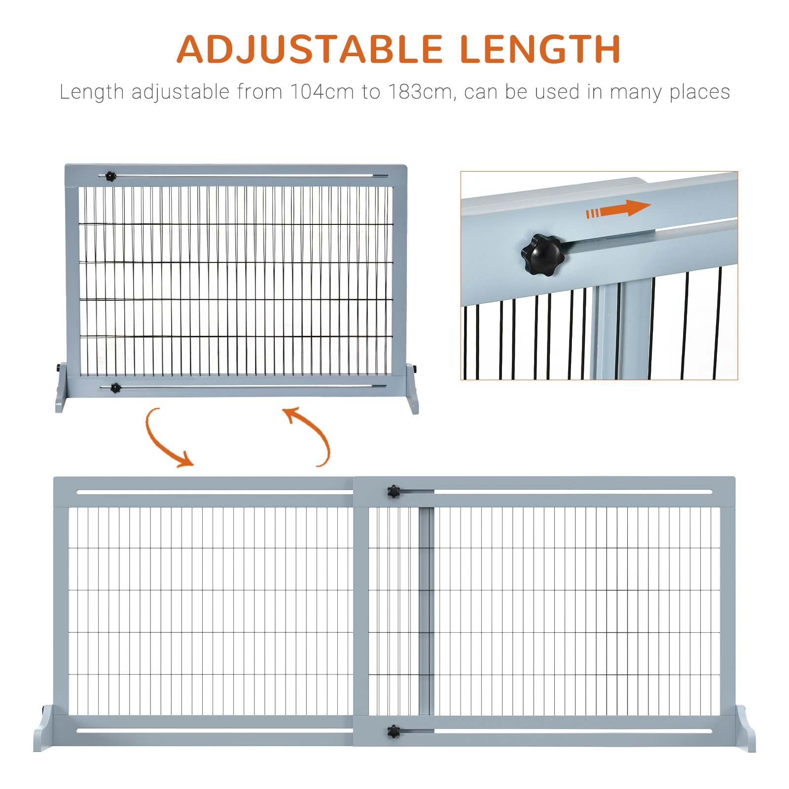 Freestanding Dog Gate, Foldable Pet Fence, Indoor Wood Barrier, Stair Gate with Support Feet, for Doorway, Hallway, Small and Medium Dogs, 69H x 104-180 cm, Blue-grey