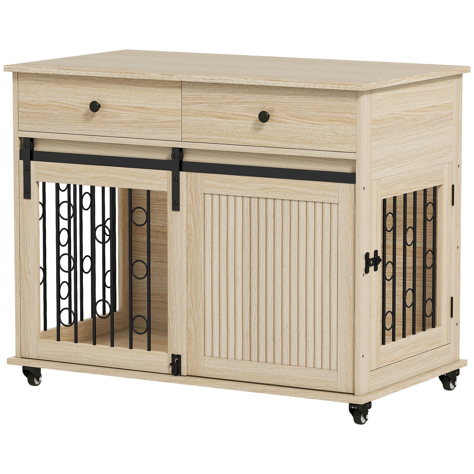 Dog Crate Furniture on Wheels, Dog Cage with 2 Drawers, Sliding Door, for Medium Large Dogs, Oak Tone