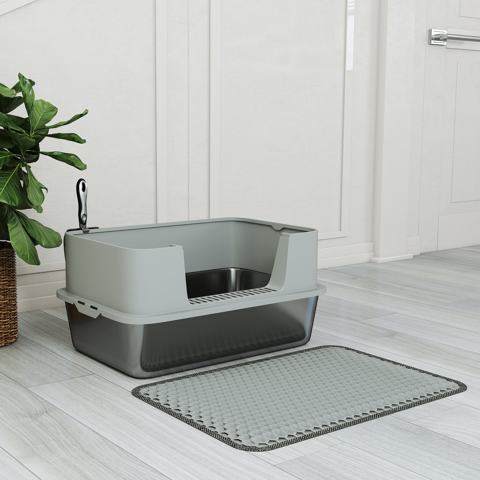 High Sided Stainless Steel Litter Box, Metal Cat Litter Tray with Metal Scoop, Litter Mat, Never Absorbs Odors, Grey