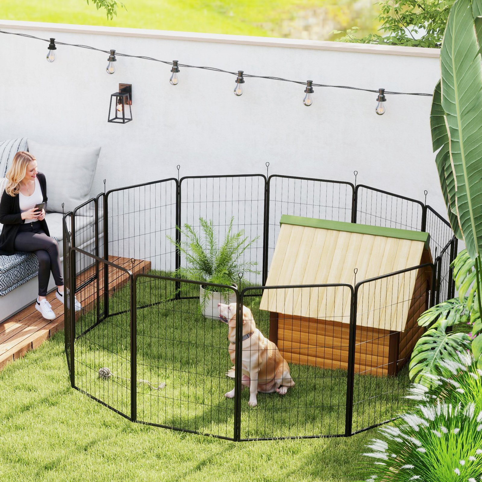 12-Panel Solid Dog Playpen with Doors, for Large Dogs, 100cm Tall, Black