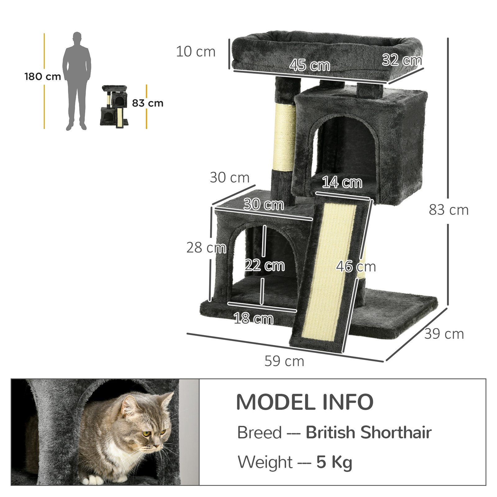 Cat Tree for Indoor Cats 81cm Cat Scratching Post Scratch Board Kitten Tower Climbing Frame, Black