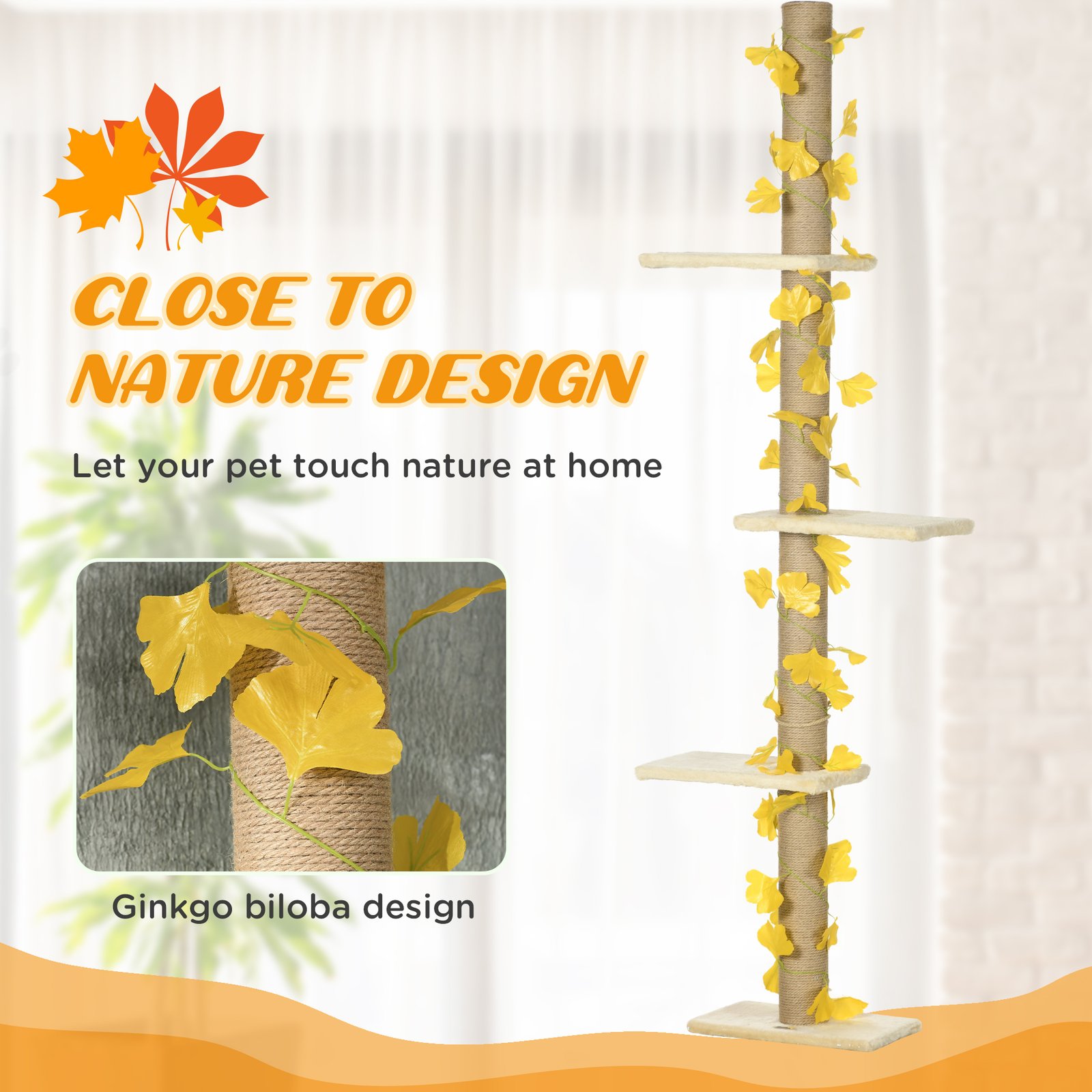 242cm Adjustable Floor-To-Ceiling Cat Tree, with Artificial Decoration, Perches, Anti-Slip Kit - Yellow - Image 3
