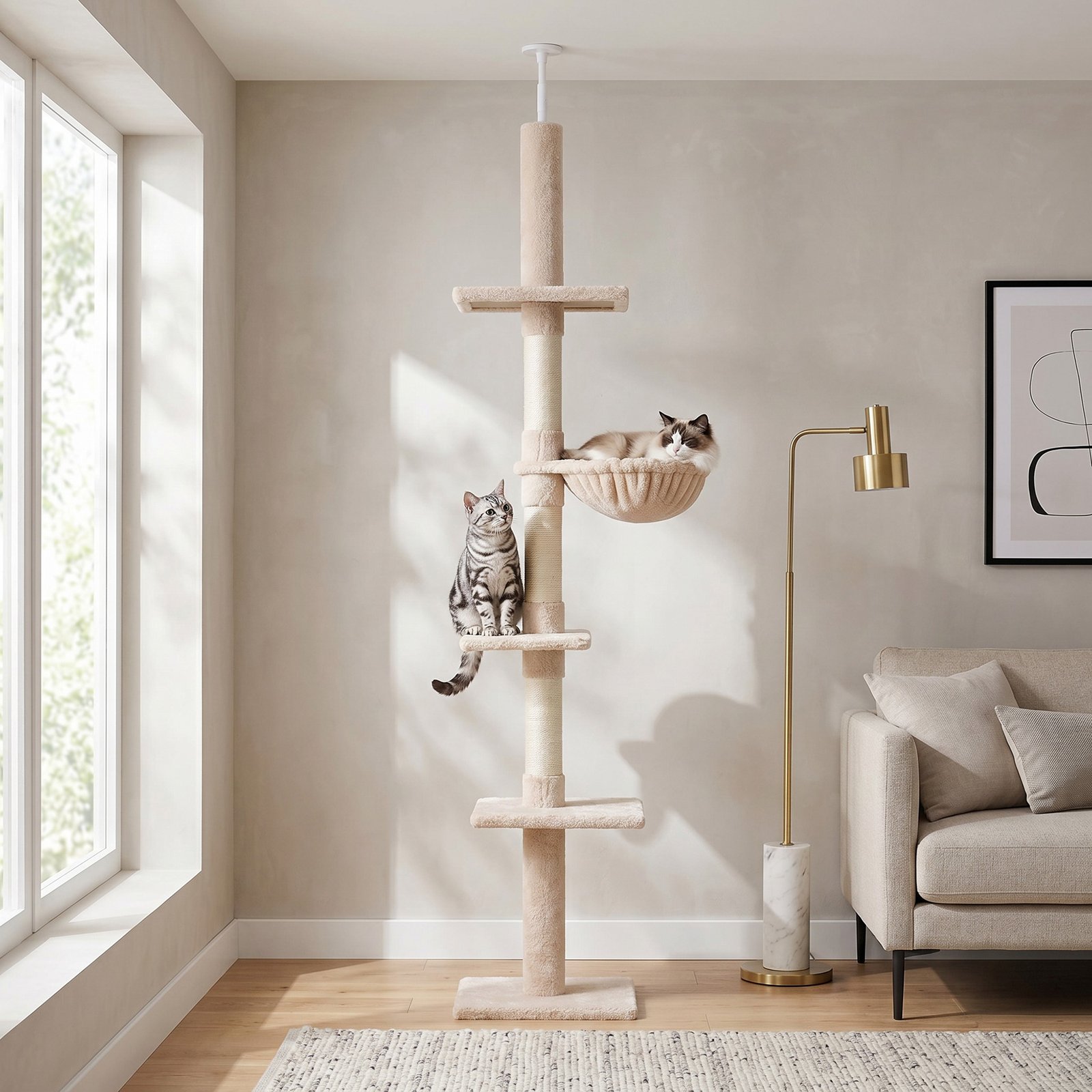 Floor to Ceiling Cat Tree 230-260cm Height Adjustable, 5-Tier Cat Tower with Scratching Posts, Hammock, Perches, Climbing Activity Centre for Indoor Kittens Playing and Relaxing, Beige - Image 9