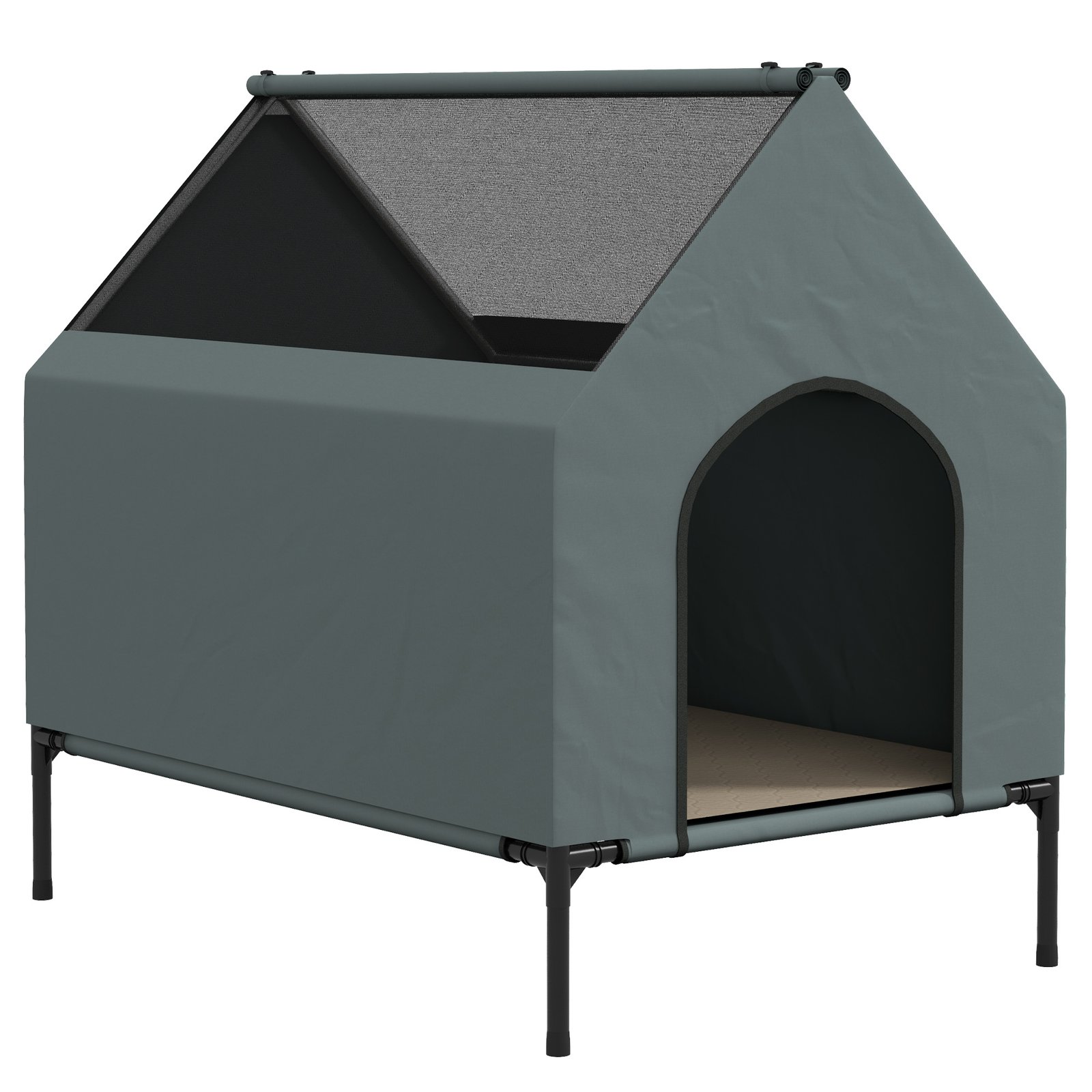 Dog House Outdoor Elevated Dog Bed with Removable Cover, Mesh Windows, Storage Bag, for S and M-Sized Dogs, Grey