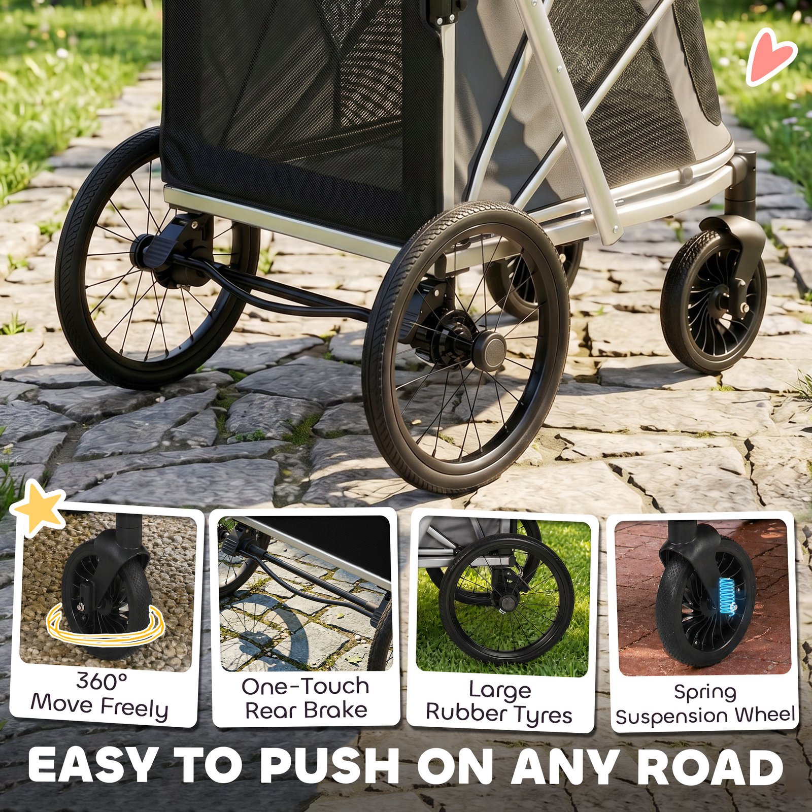 Dog Stroller, Easy Folding Pet Stroller for Small and Medium Dogs with Shock Absorption, Maximum Load 20 kg, Grey