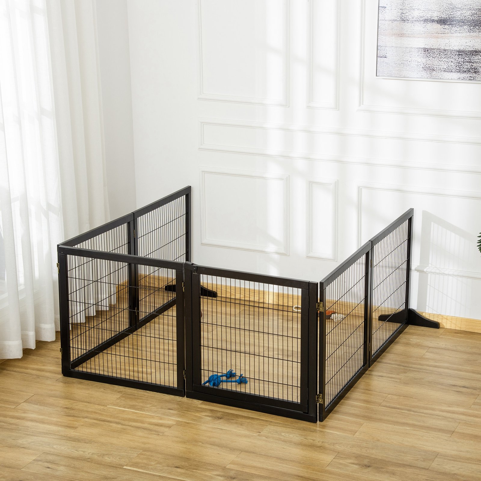 Wooden Pet Gate, Freestanding Dog Security Barrier with Two Support Feet - Black