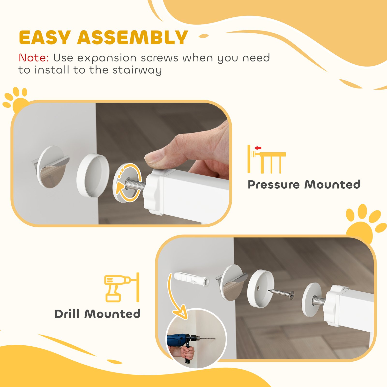 Dog Gate Pet Safety Gate Stair Barrier Pressure Mount Adjustable 76-82/86-97/101-107 cm, White - Image 6